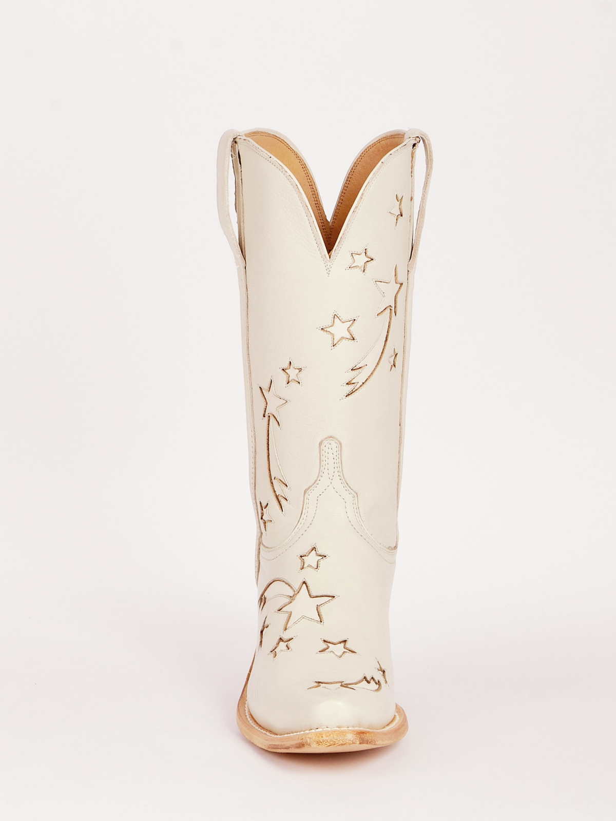 Cream Snip-Toe Wide Mid Calf Western Boots Cowgirl Tall Boots With Star Inlay