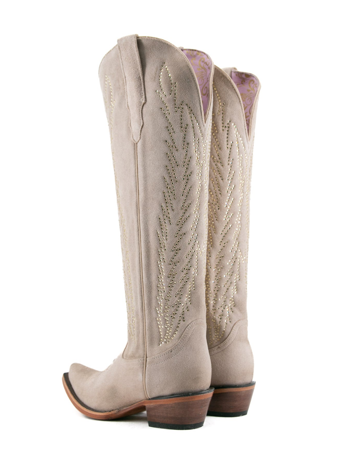 Light Sand Faux Suede Snip-Toe Embroidery Rhinestone Wide Calf Knee High Tall Cowgirl Boots