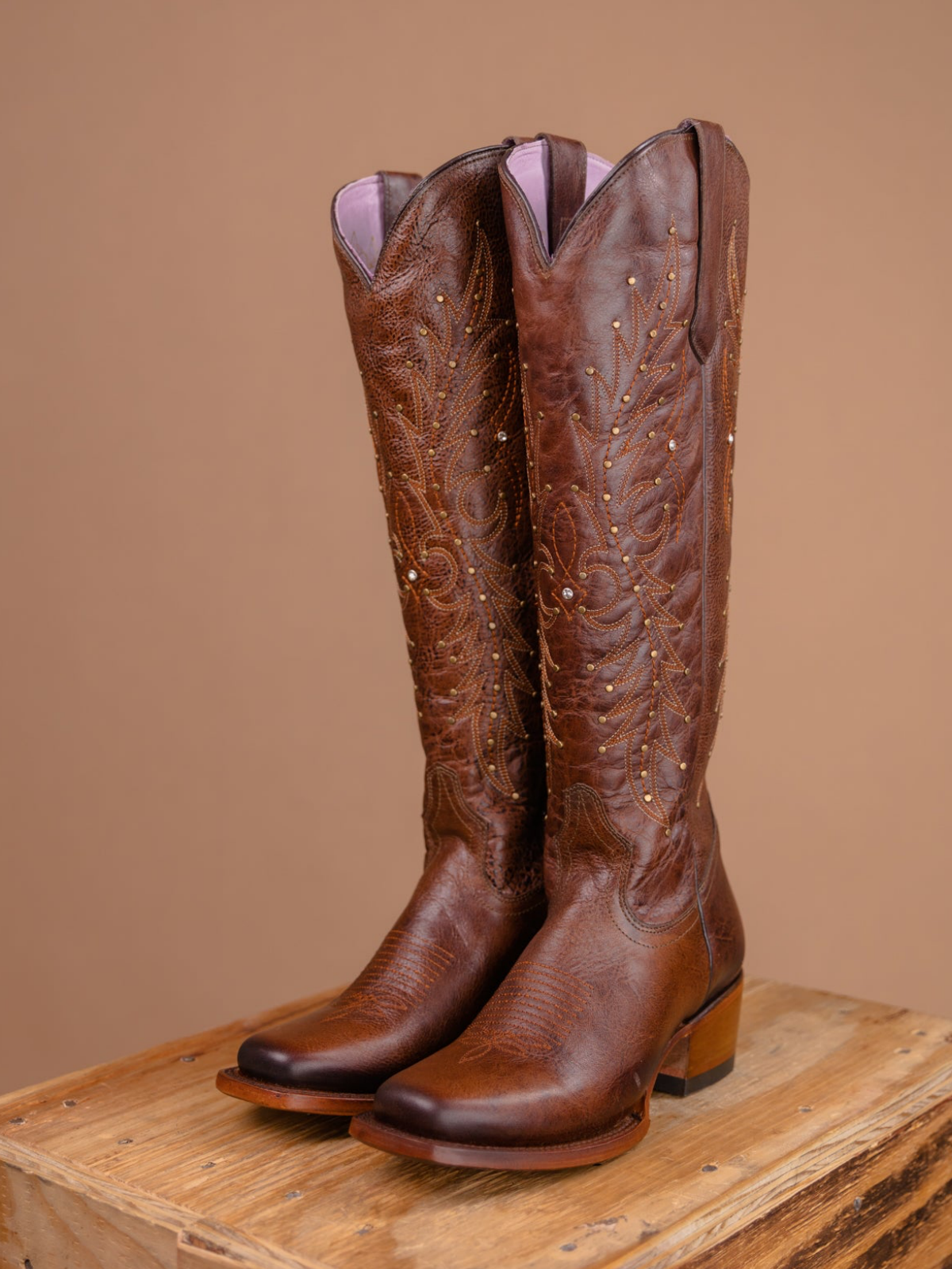 Studded Rhinestone Square-Toe Embroidery Half-Zip Tall Knee High Cowgirl Boots - Maroon