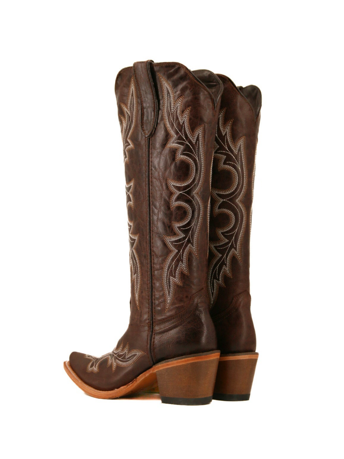 Distressed Brown Snip-Toe Half-Zip Classic Embroidery Knee High Tall Cowgirl Boots