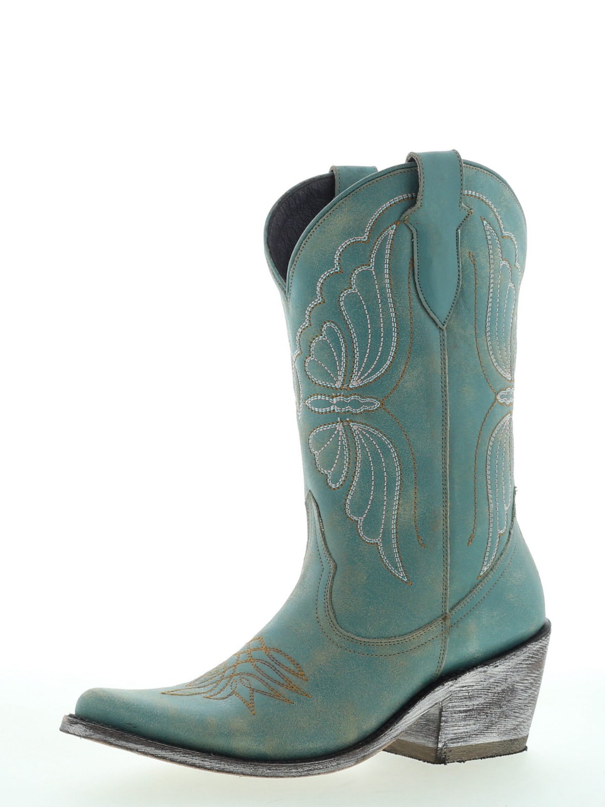 Butterfly Embroidery Almond-Toe Wide Mid Calf Cowgirl Boots - Aqua