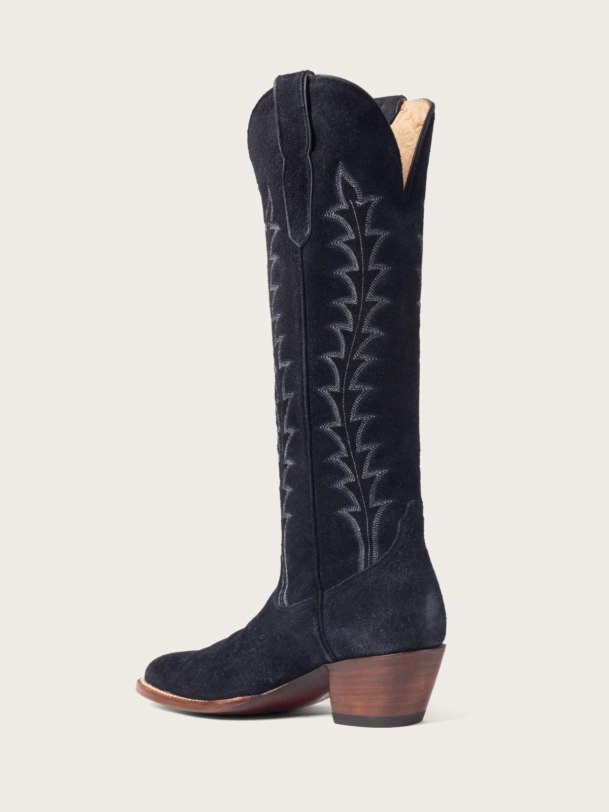 Dark Blue Faux Suede Embroidery Almond-Toe Wide Mid Calf Tall Cowgirl Boots