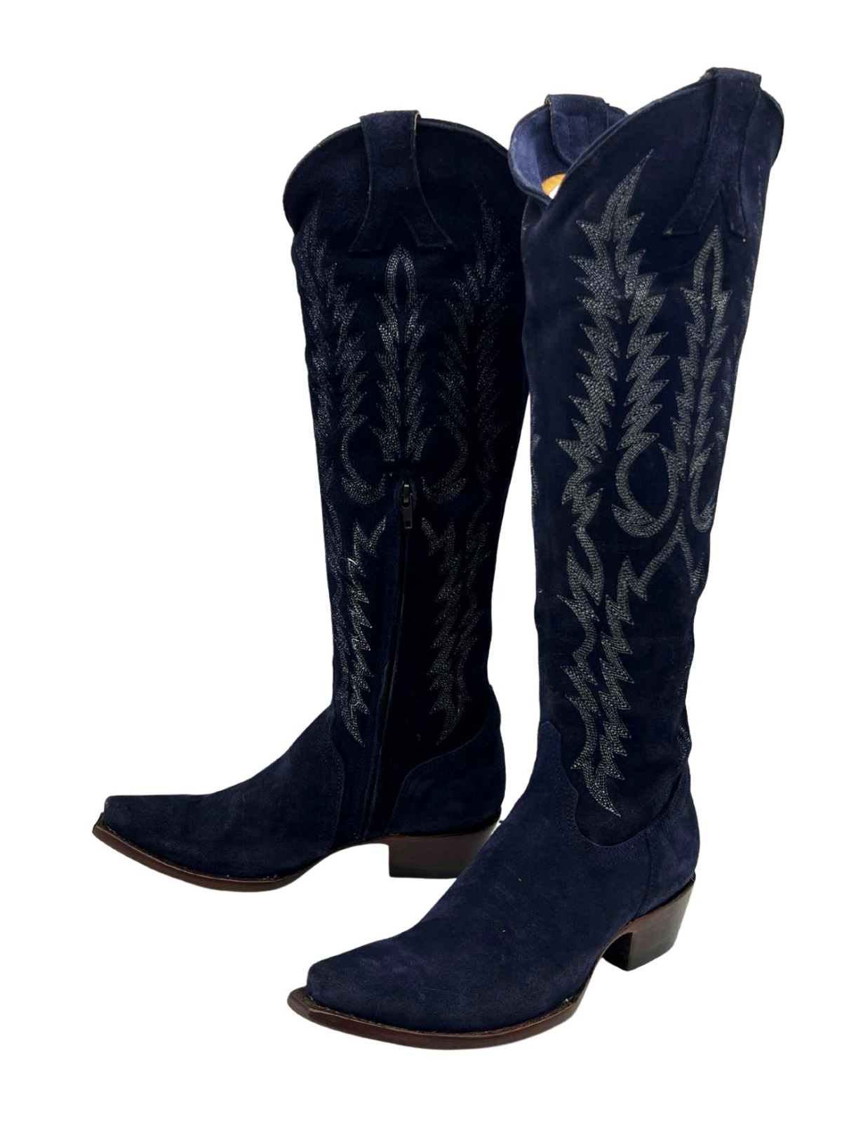 Embroidery Half-Zip Snip-Toe Tall Knee High Cowgirl Boots - Navy Blue Faux Suede