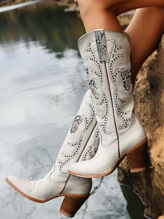 White Almond-Toe Studded Pegasus Inlay Wide Mid Calf Tall Cowgirl Boots