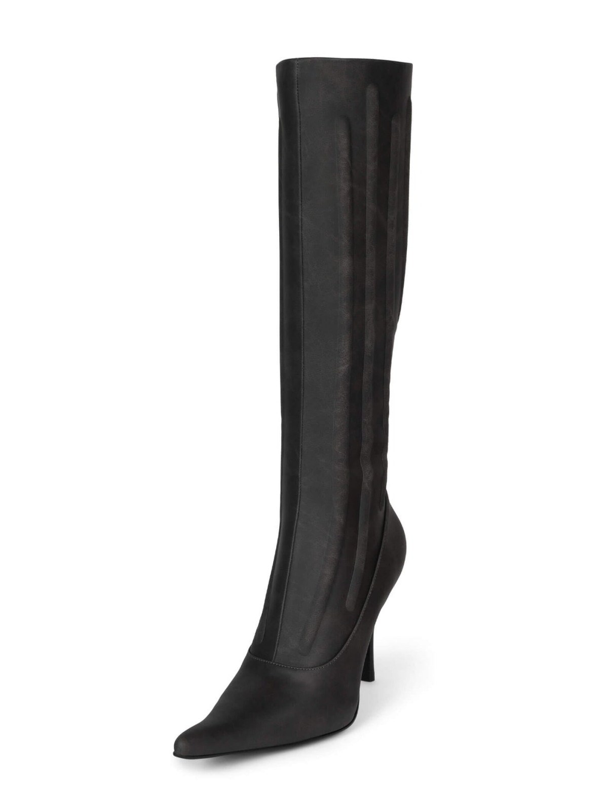 Dark Gray Pointed-Toe Padded Full-Zip Mid Calf Stiletto Boots