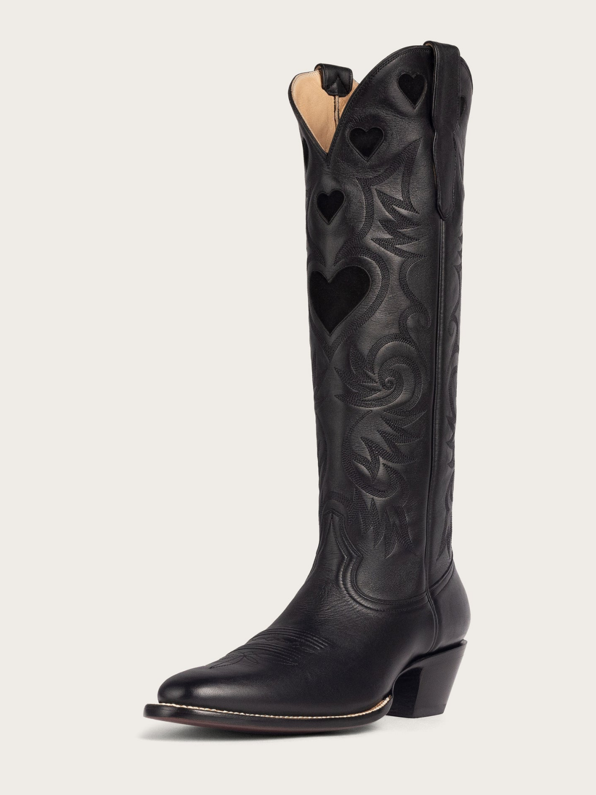 Black Faux Suede Heart Inlay Embroidery Almond-Toe Tall Wide Mid Calf Cowgirl Boots - Black