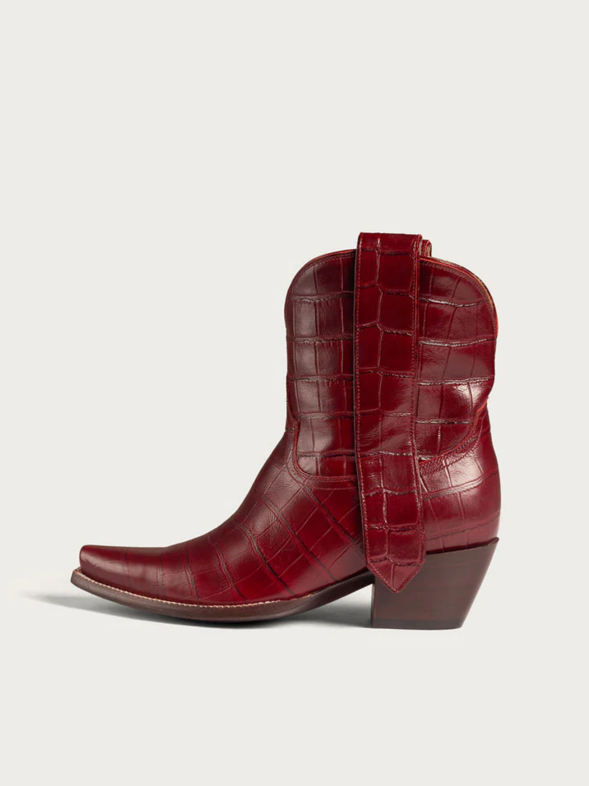 Wine Red Crocodile-Embossed Snip-Toe Wide Mid Calf Cowgirl Boots