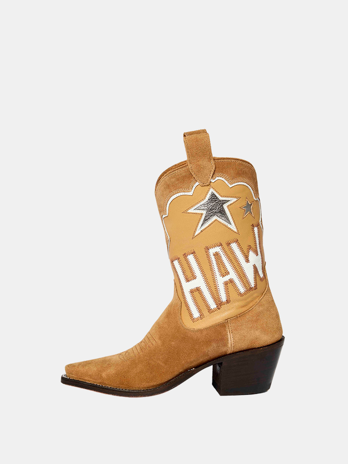 Tan Faux Suede And Vegan Leather Metallic Heart Star Inlay And Letter Inlay Mid Calf Cowgirl Boots