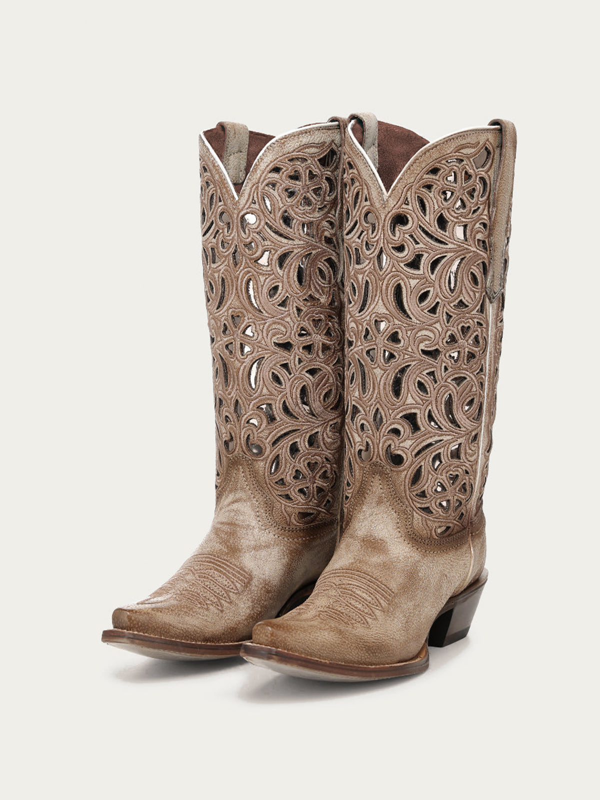 Taupe Snip-Toe Inlay And Floral Embroidery Chic Mid Calf Cowgirl Boots