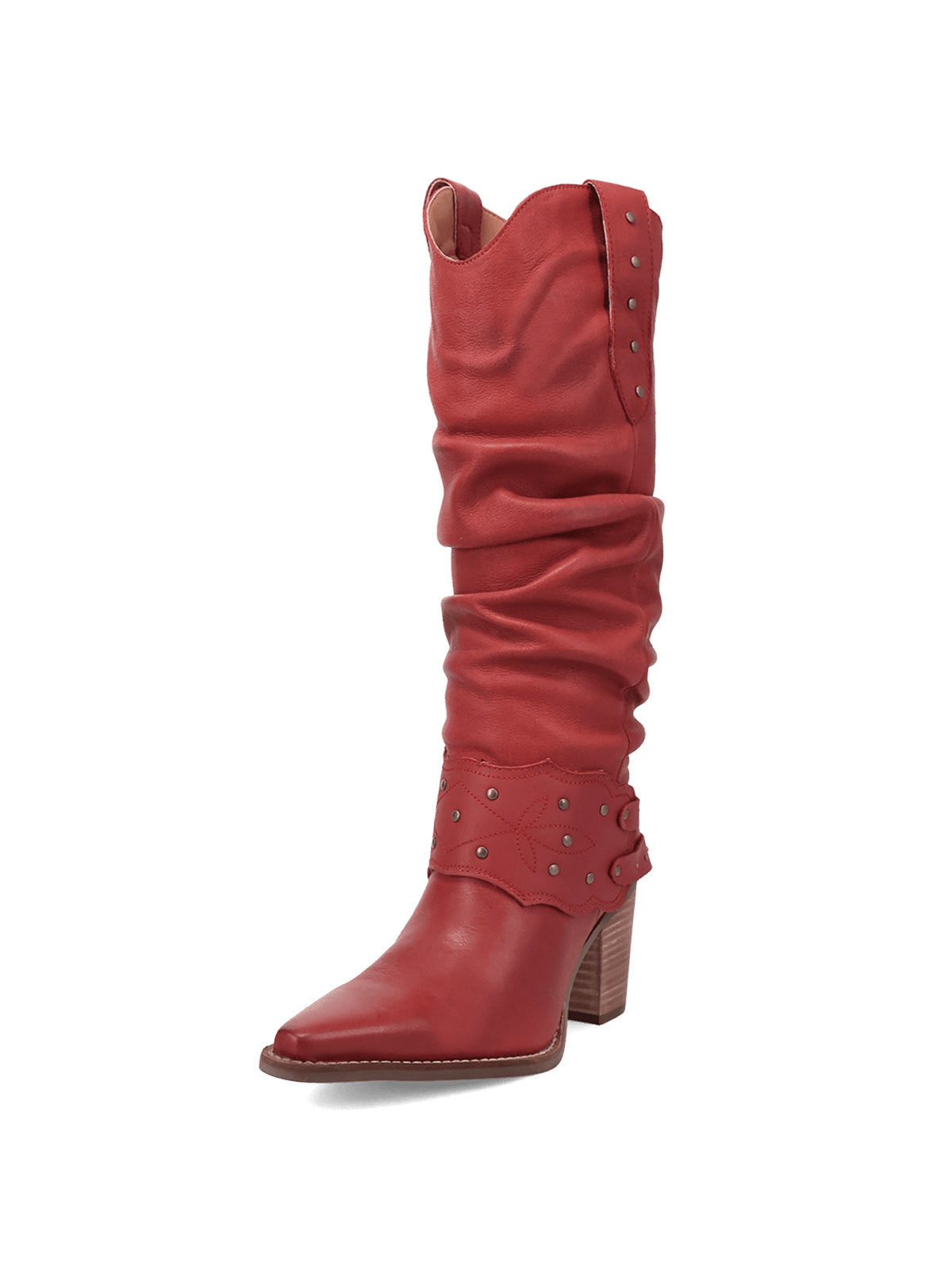 Red Snip-Toe Slouchy And Double Studded Straps Wide Calf Knee High Cowgirl Boots