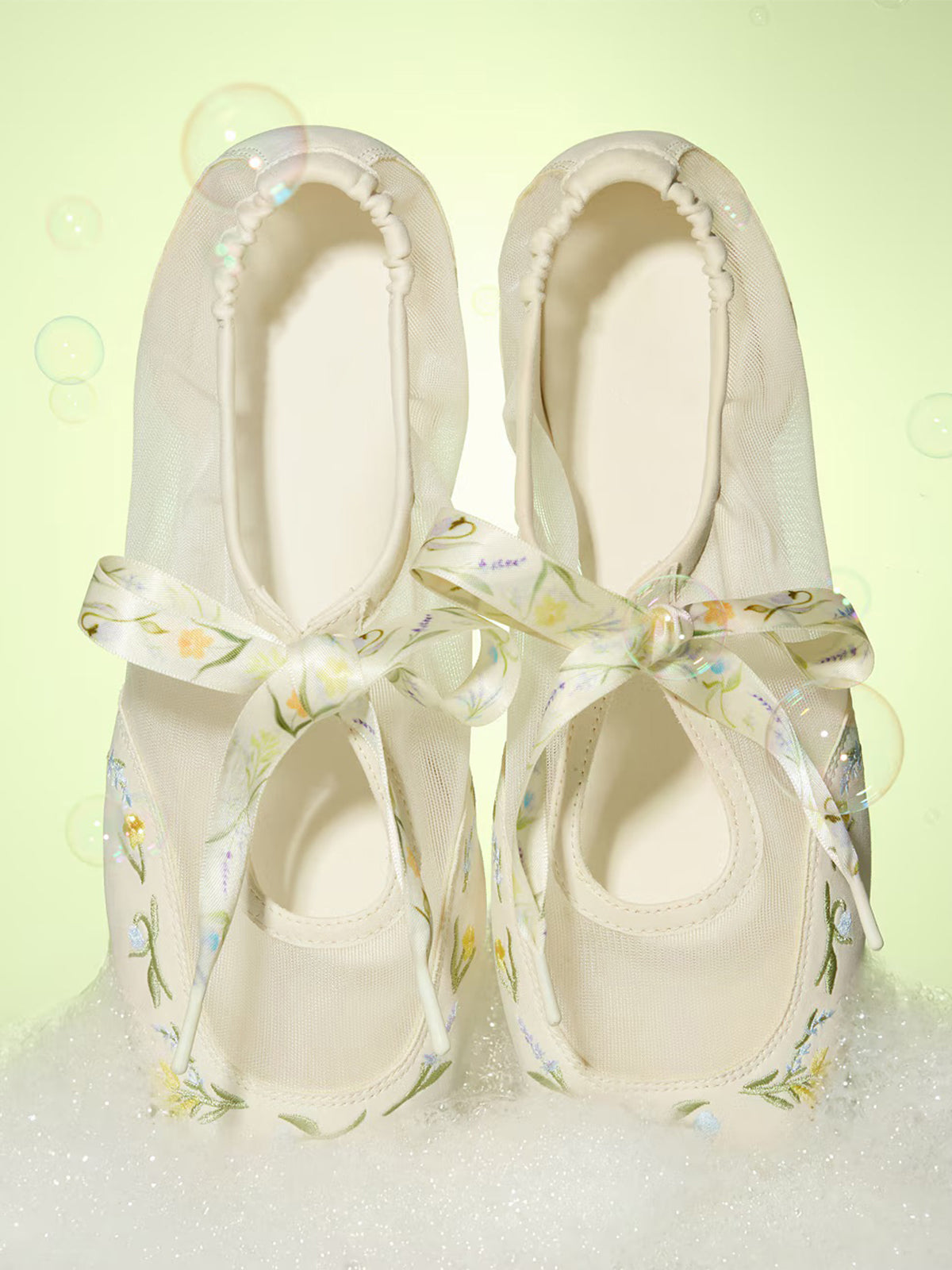 Cream Mesh And Faux Suede Square-Toe Floral Embroidery Bridge Bow Strap Flats