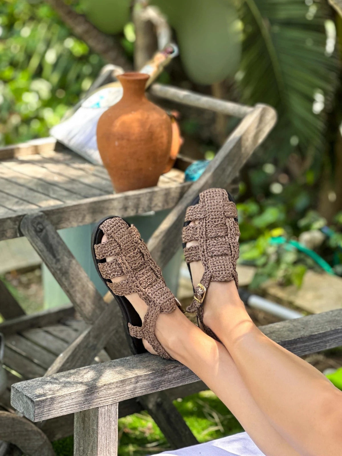 Green Grass Woven Round-Toe Caged Detail Buckle Strap Flats