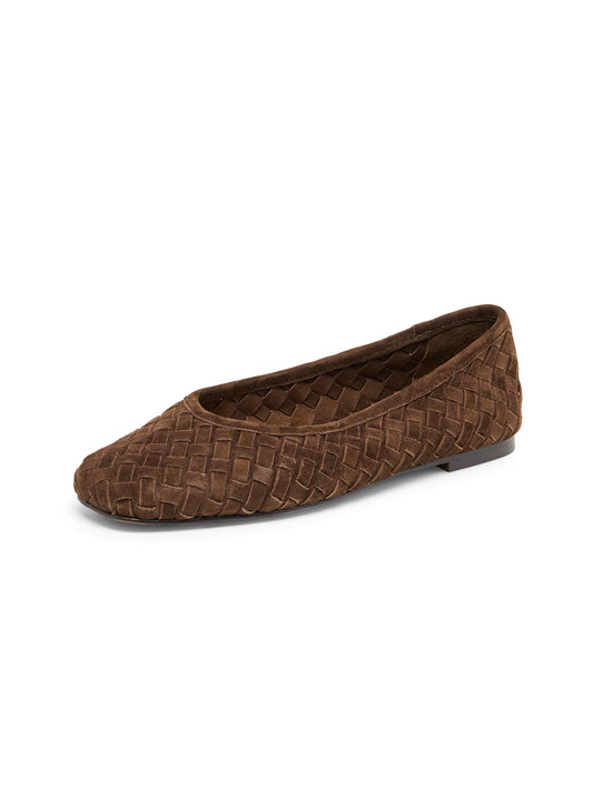 Dark Brown Woven Faux Suede Square-Toe Slip-On Ballet Flats