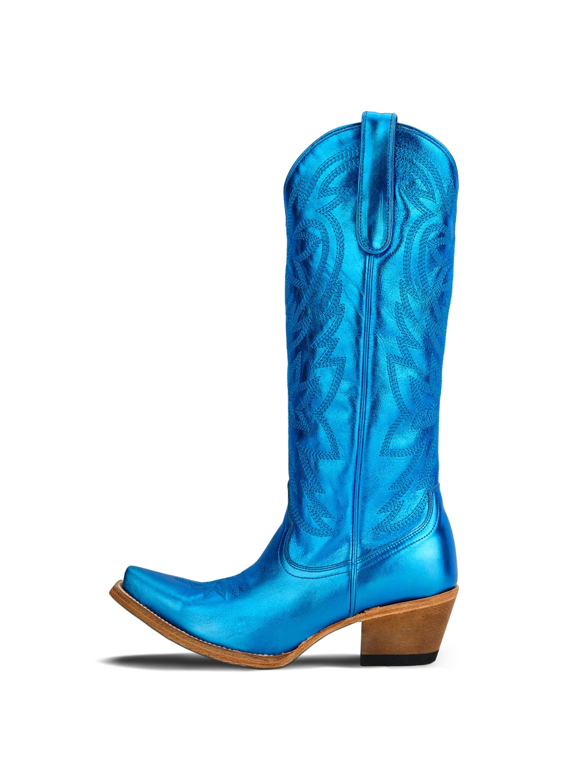 Western Snip-Toe Embroidery Classic Knee High Half-Zip Cowgirl Boots - Metallic Blue