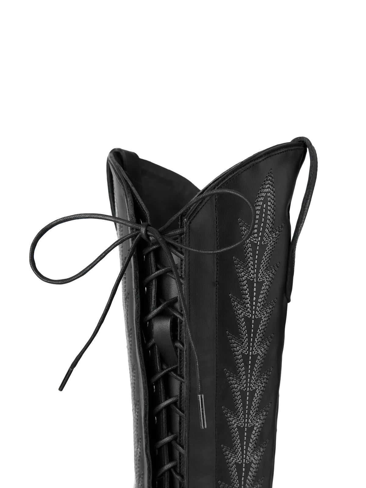 Snip-Toe Embroidery Half-Zip Back Lace-Up Knee High Cowgirl Boots - Black