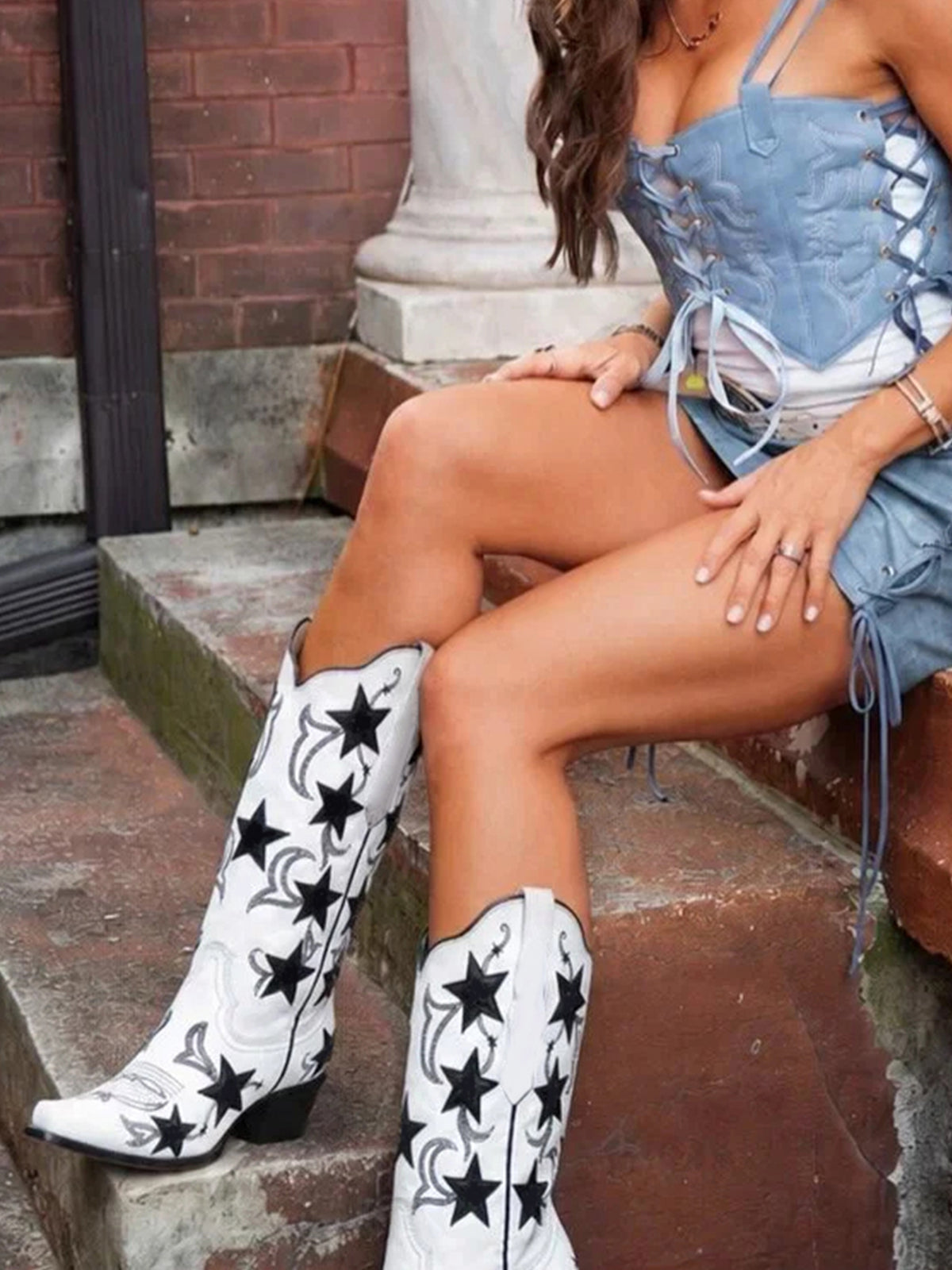 White Snip-Toe Chic Stars Inlay With Embroidery Mid Calf Cowgirl Boots