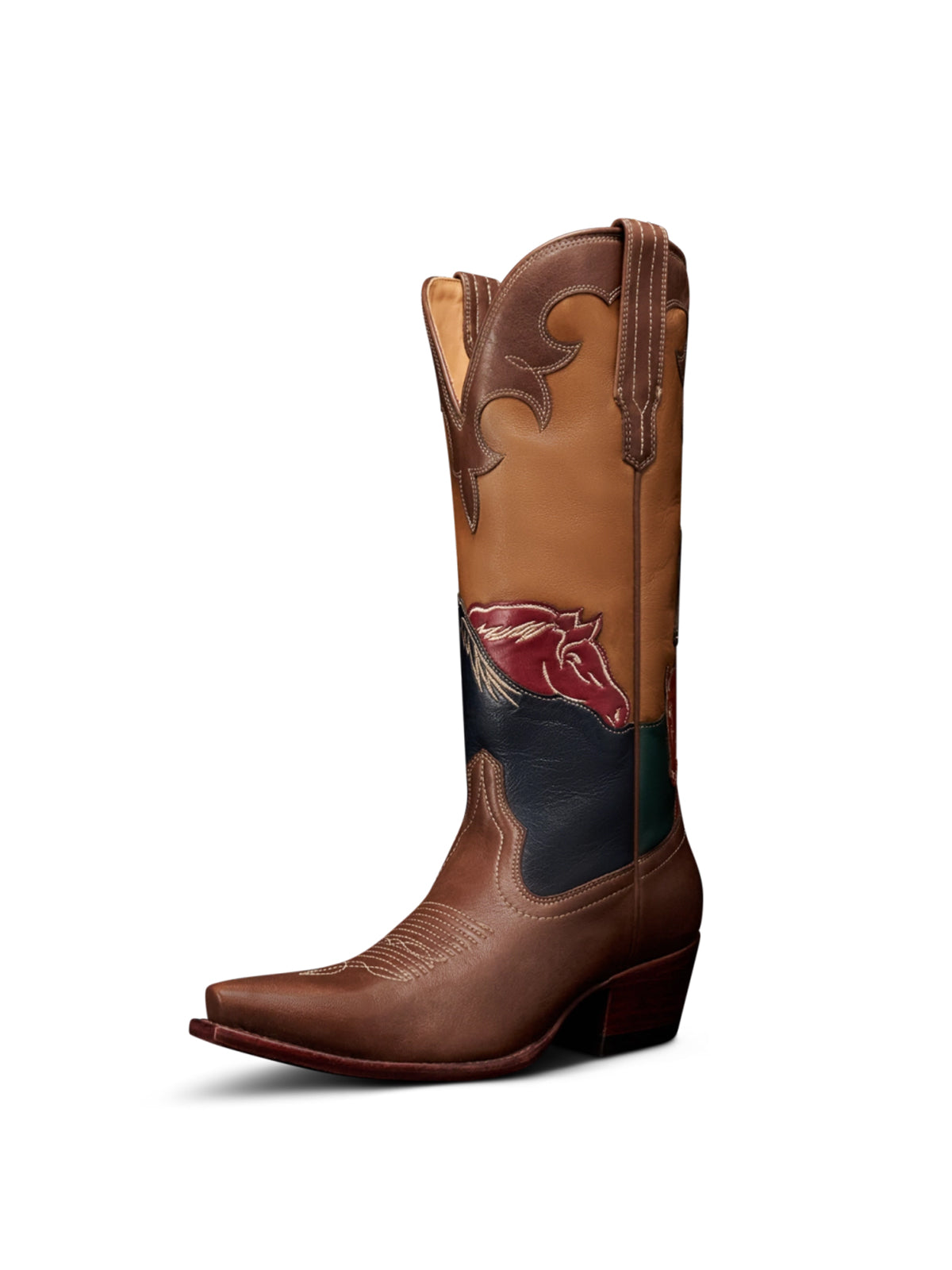 Brown Snip-Toe Horsehead Applique Mid Calf Cowgirl Boots