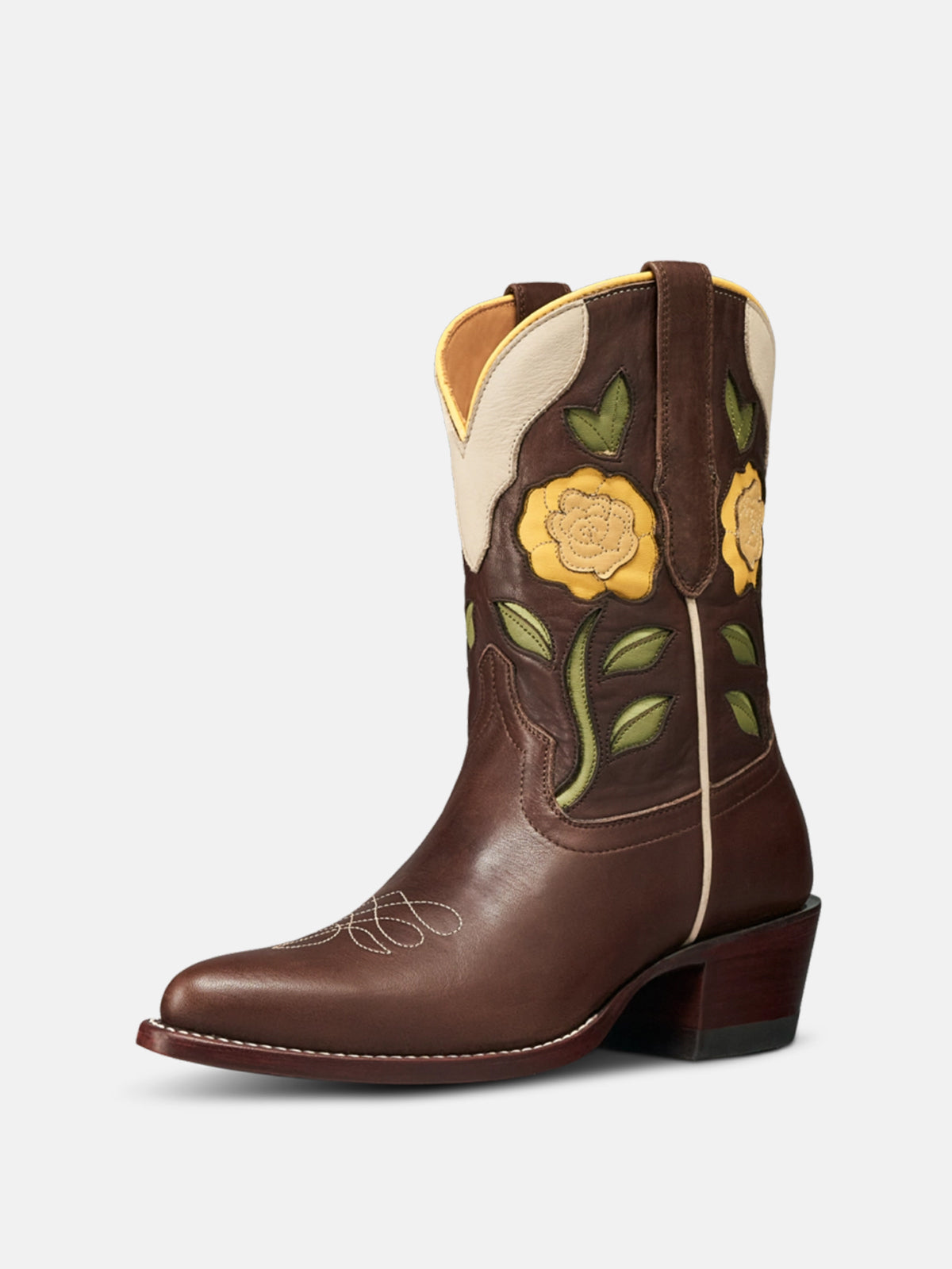 Dark Green Almond-Toe Yellow Flowers Inlay Chic Ankle Cowgirl Boots