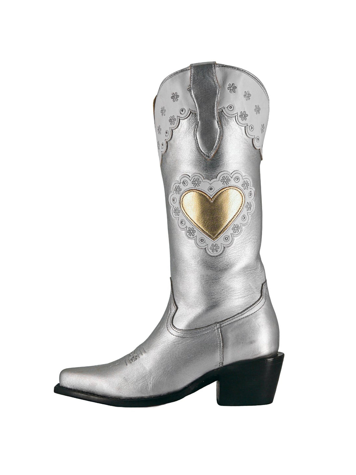 Metallic Silver Snip-Toe Heart Applique And Flowers Embroidery Mid Calf Cowgirl Boots