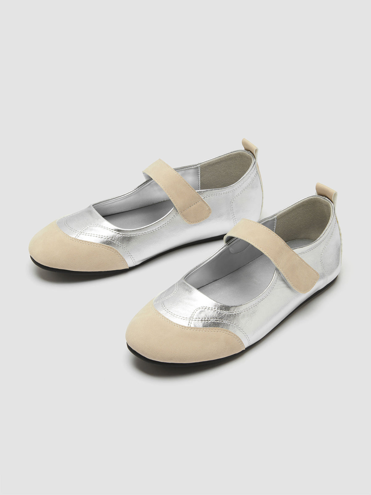 Contrast Beige And Silver Round-Toe Chic Mary Jane Strap Flats