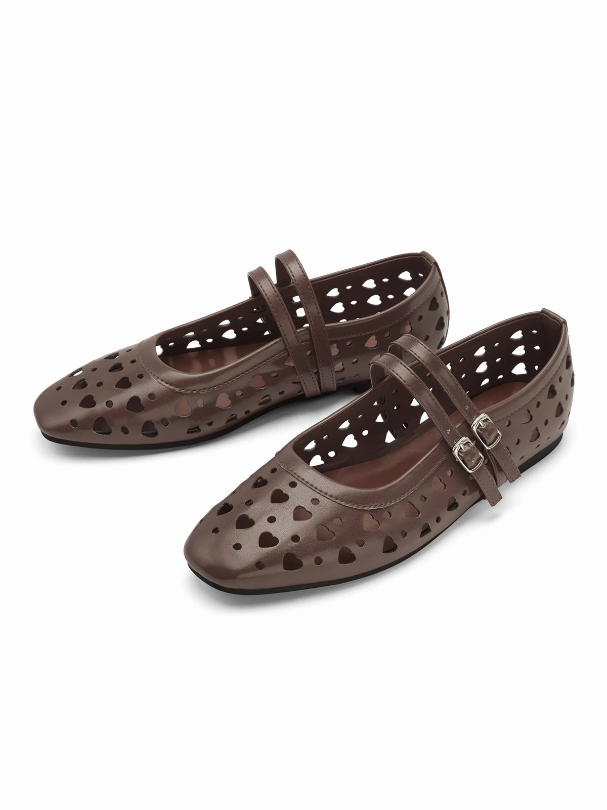 Coffee Square-Toe Heart Cutout Double Mary Jane Flats