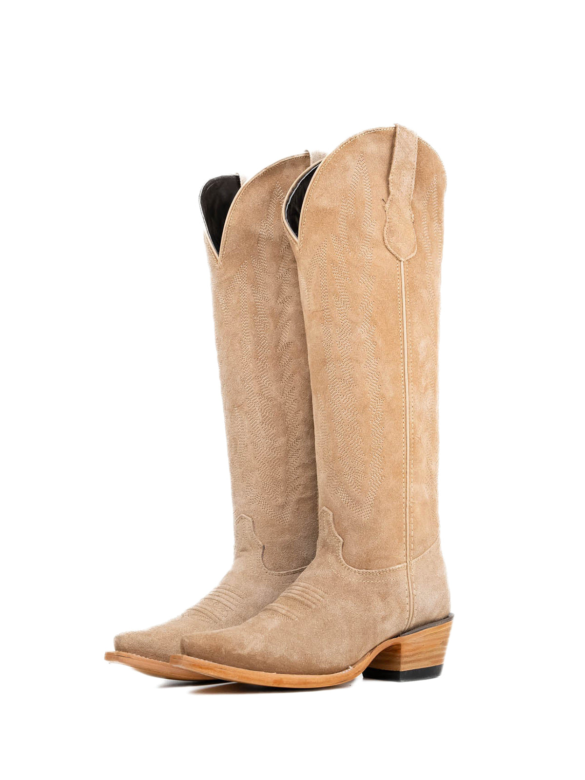 Sand Faux Suede Snip-Toe Embroidery Half-Zip Classic Knee High Cowgirl Boots