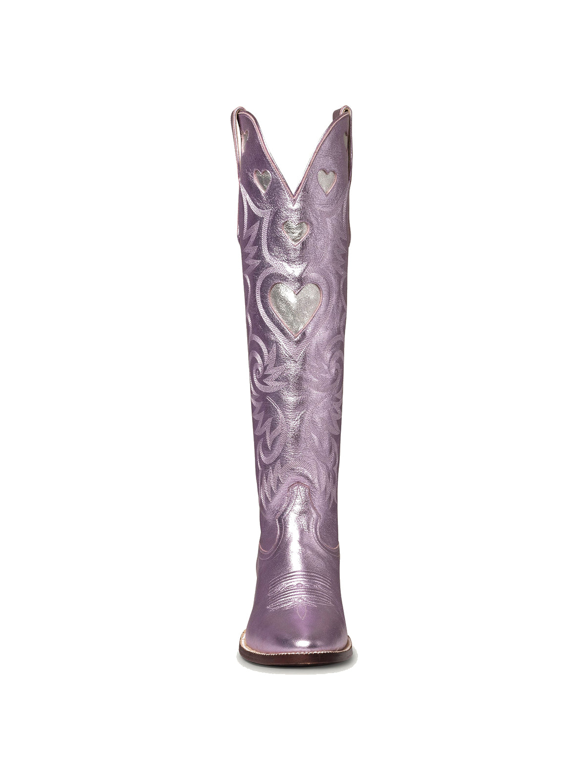 Metallic Pink Round-Toe Chic Hearts Inlay Wide Calf Knee High Cowgirl Boots
