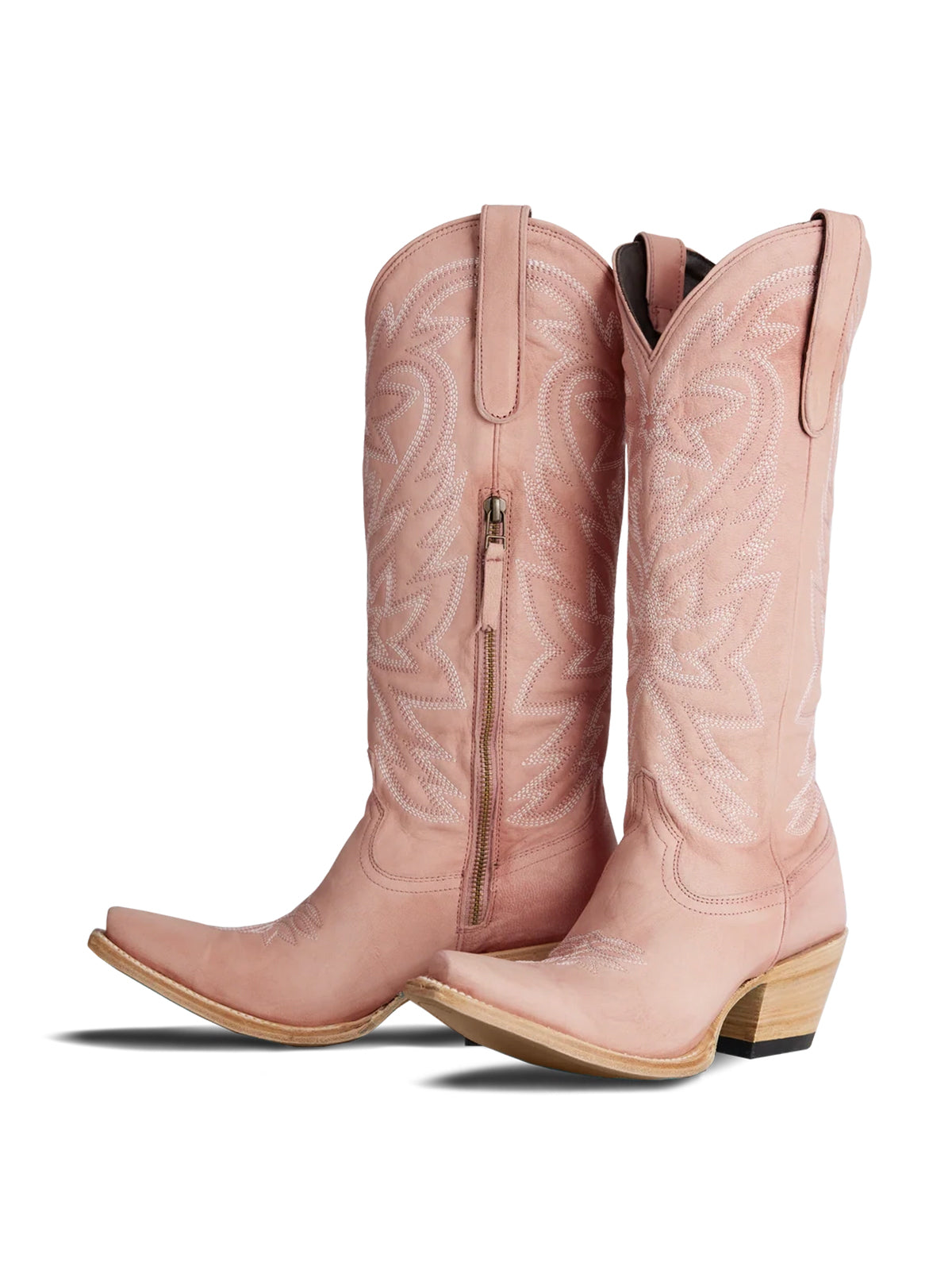 Western Snip-Toe Embroidery Classic Knee High Half-Zip Cowgirl Boots - Blush Pink