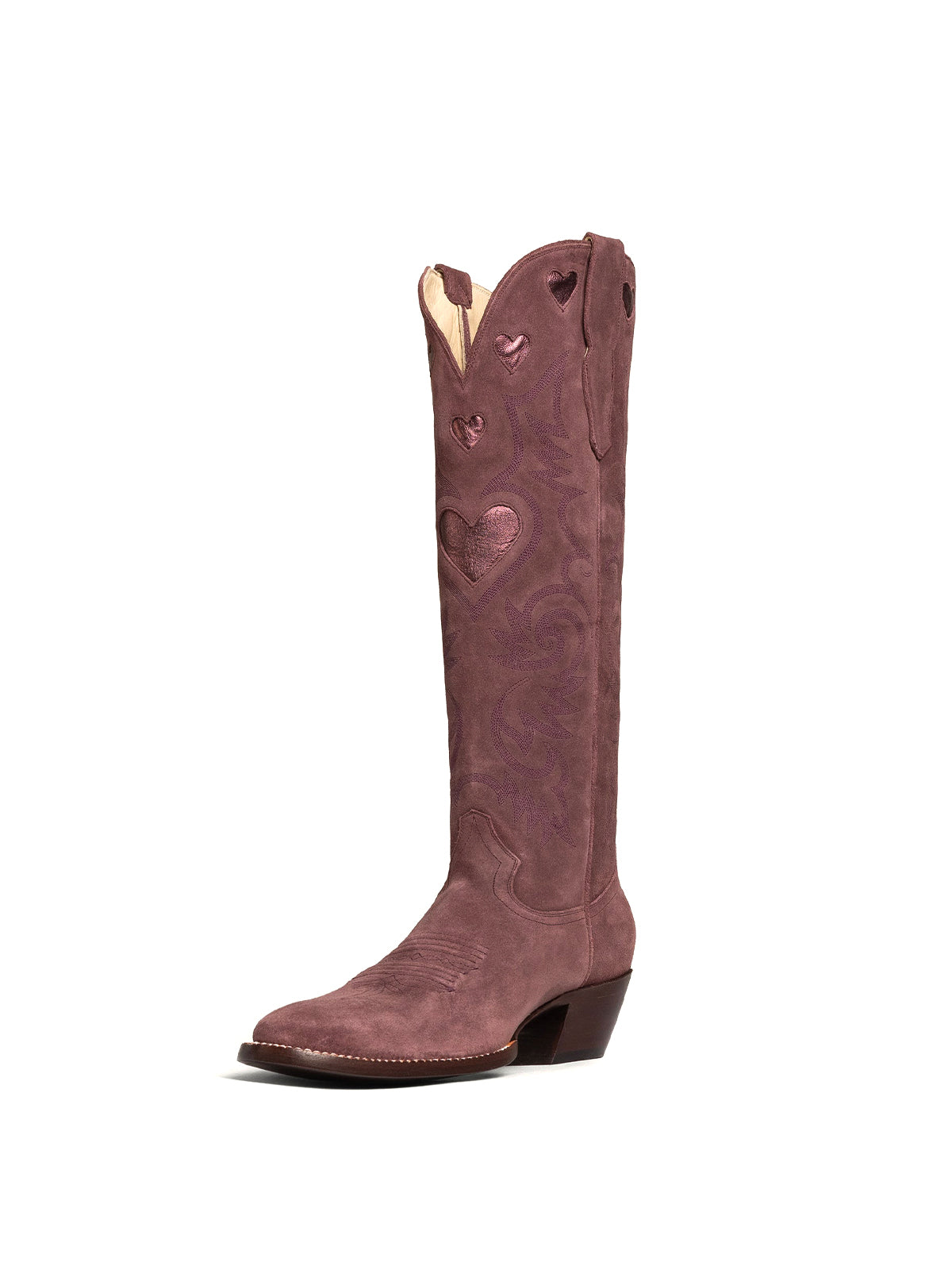 Metallic Heart Inlay Embroidery Almond-Toe Knee High Wide Calf Cowgirl Boots - Wine Red Faux Suede