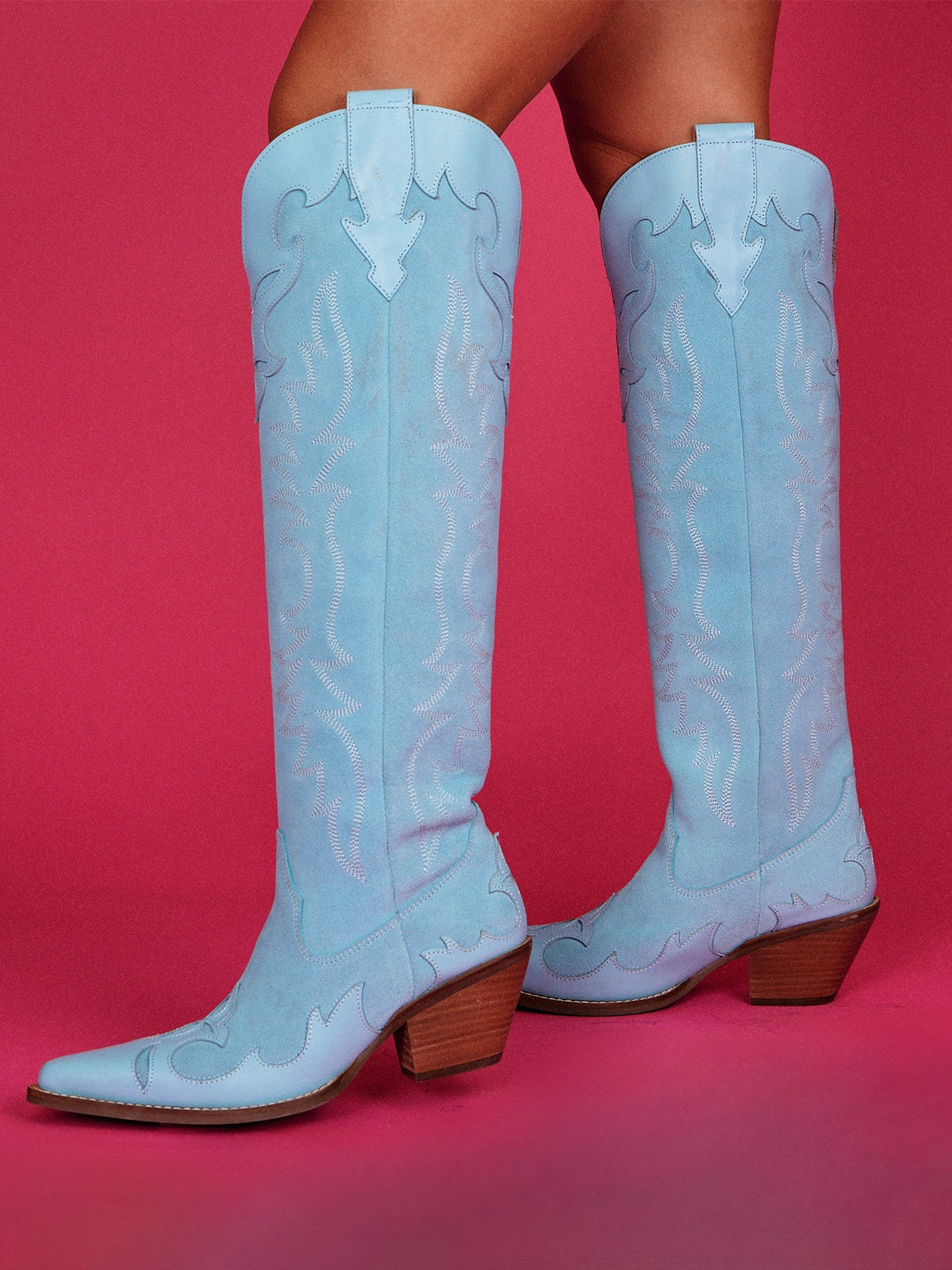 Blue Faux Suede Snip-Toe Embroidery Vegan Leather Applique Wide Calf Knee High Cowgirl Boots