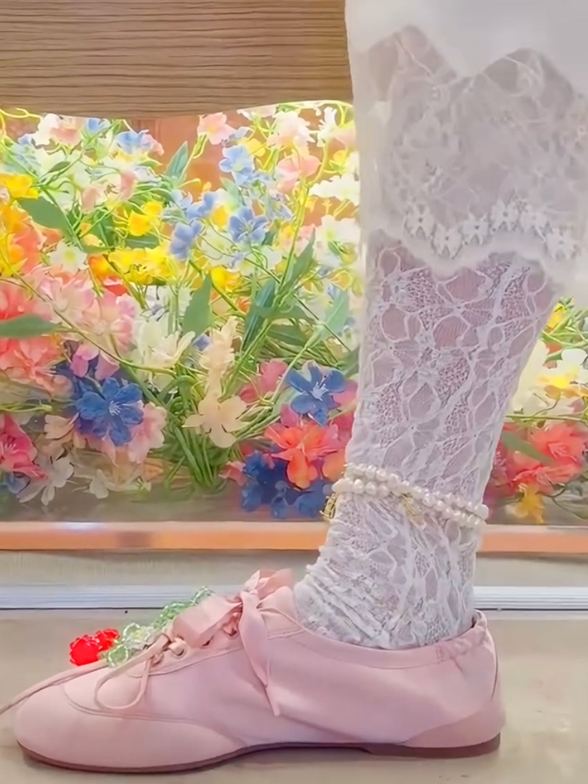Peach Satin And Faux Suede Square-Toe Floral Embroidery Lace-Up Flats