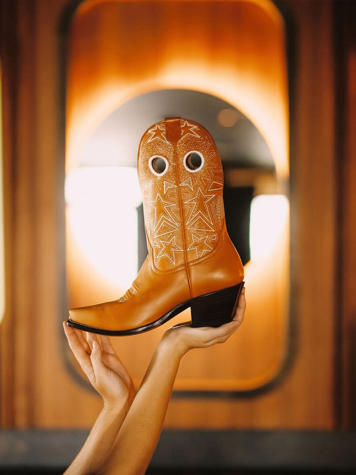 Sienna Snip-Toe Cut-Out Stars Stitch Mid Calf Cowgirl Boots