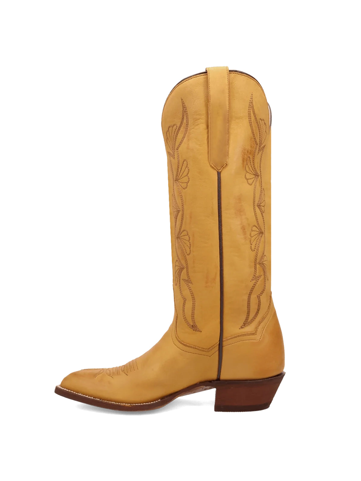 Mustard Yellow Almond-Toe Fan-Shaped Embroidery Wide Knee High Cowgirl Boots