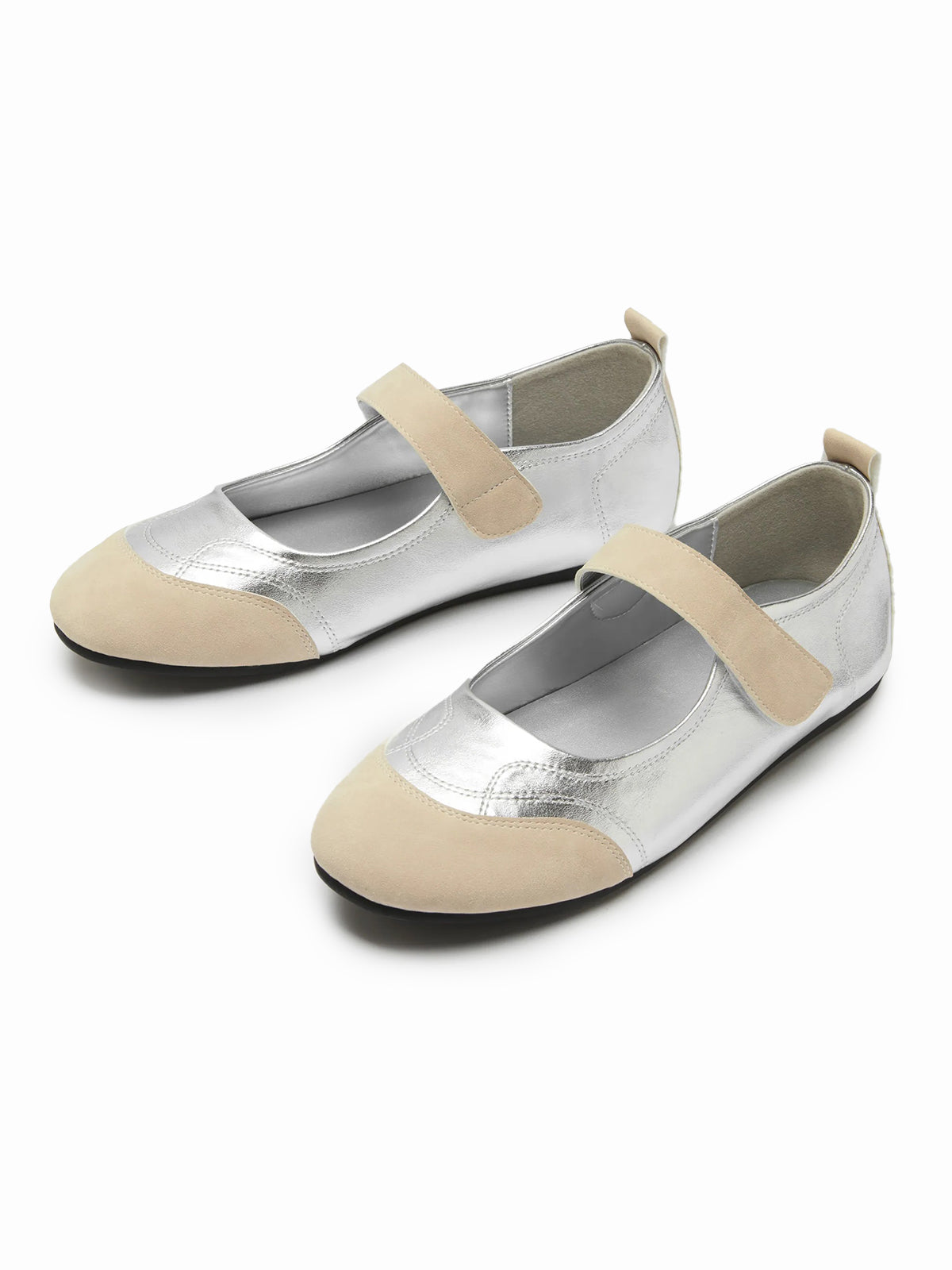 Beige And Silver Round-Toe Chic Mary Jane Classic Flats