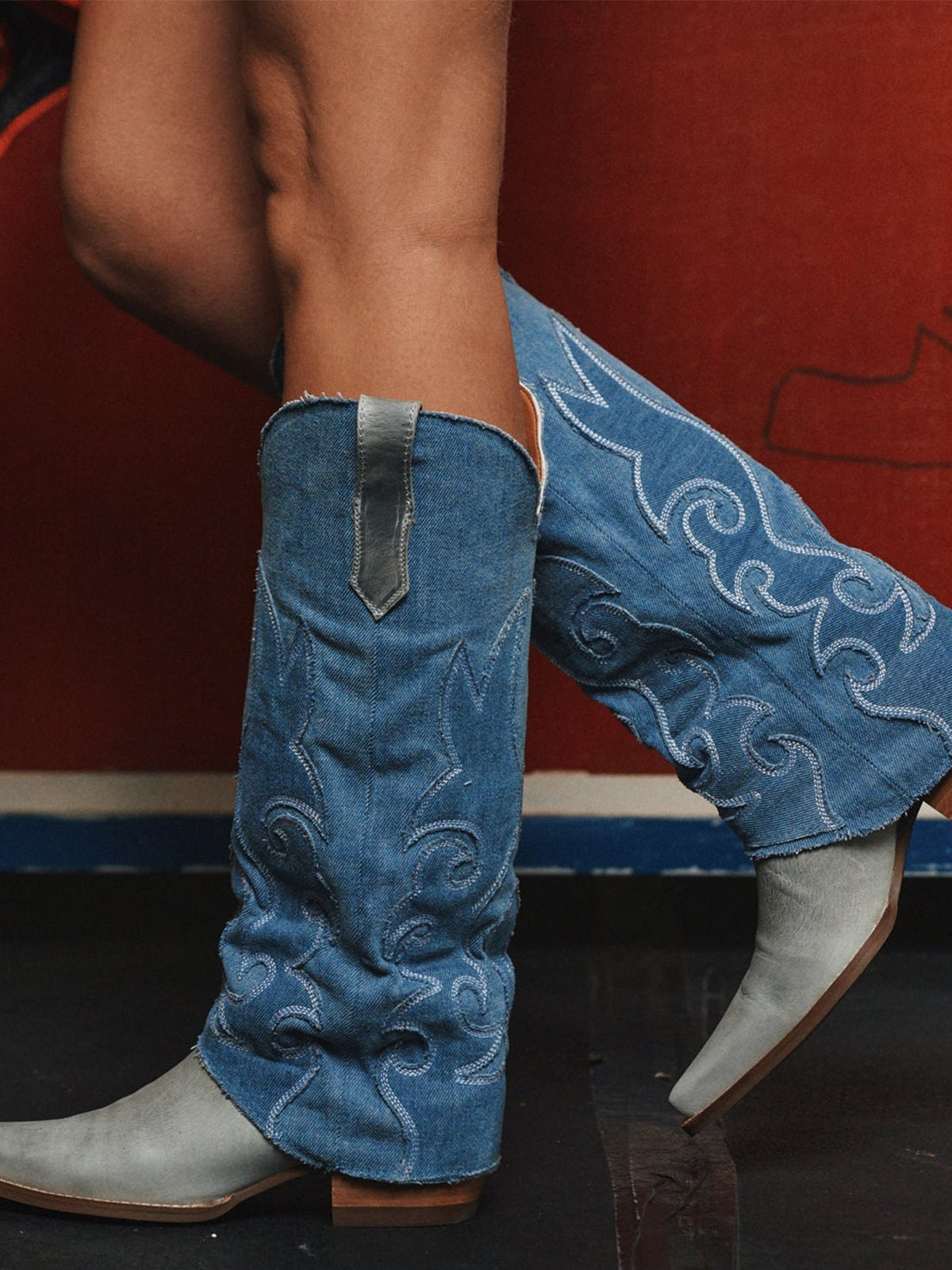 Blue Denim And Bone Snip-Toe Embroidery Fold-Over Wide Calf Knee High Cowgirl Boots