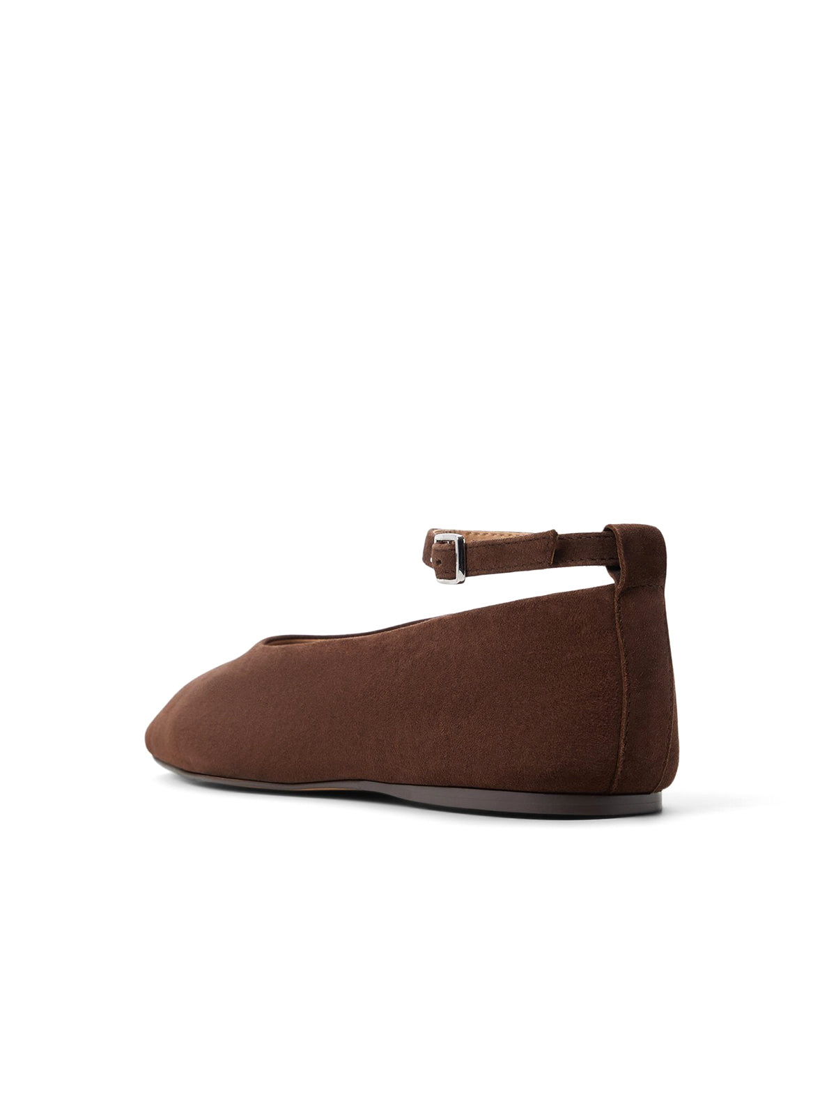 Dark Brown Faux Suede Square-Toe Ankle Strap Ballet Flats