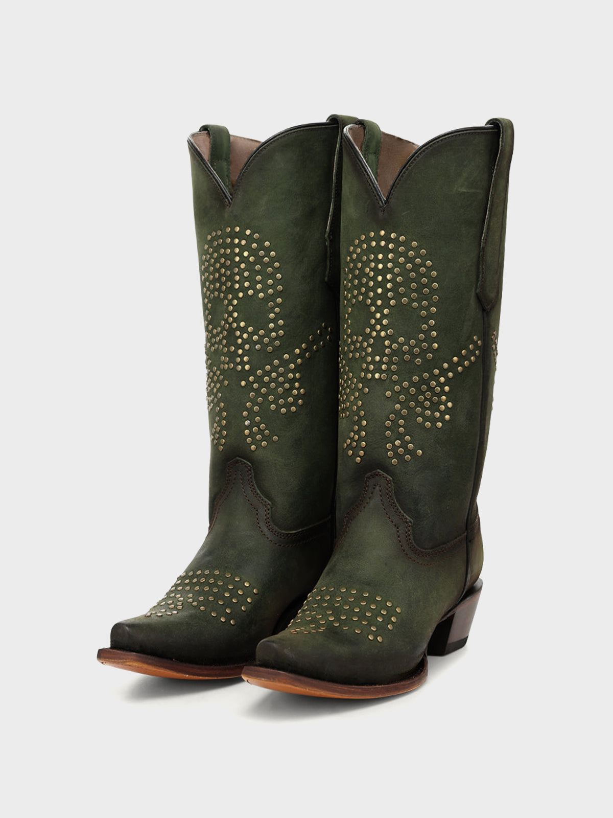 Green Snip-Toe Skull Design With Studs Mid Calf Cowgirl Boots