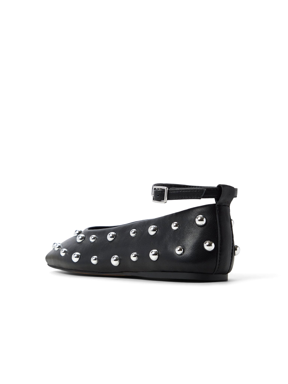 Black Square-Toe Full Studs Ankle Strap Ballet Flats