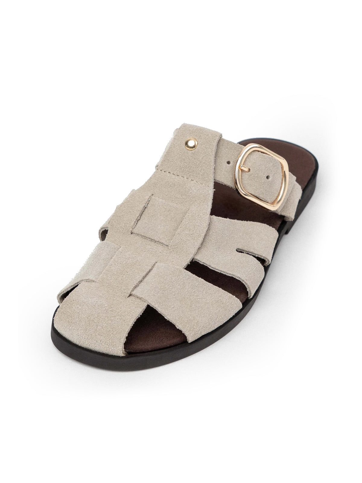 Beige Cow Suede Round-Toe Caged Detail Backless Flats