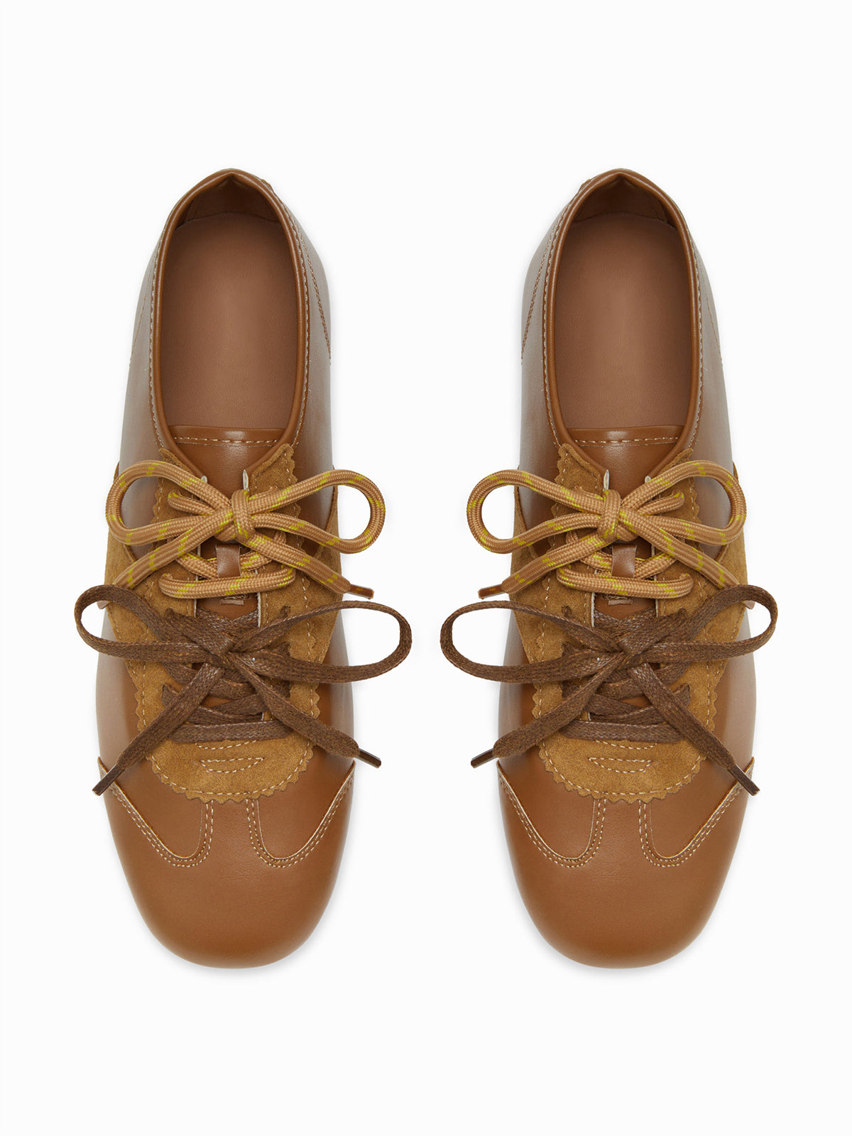 Brown Cow Suede And Cow Leather Square-Toe Lace-Up Flats Sneakers