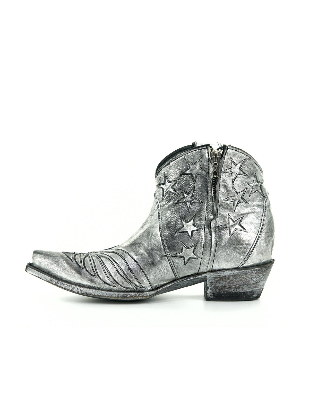 Metallic Silver Snip-Toe Stars Inlay Full-Zip Ankle Cowgirl Boots