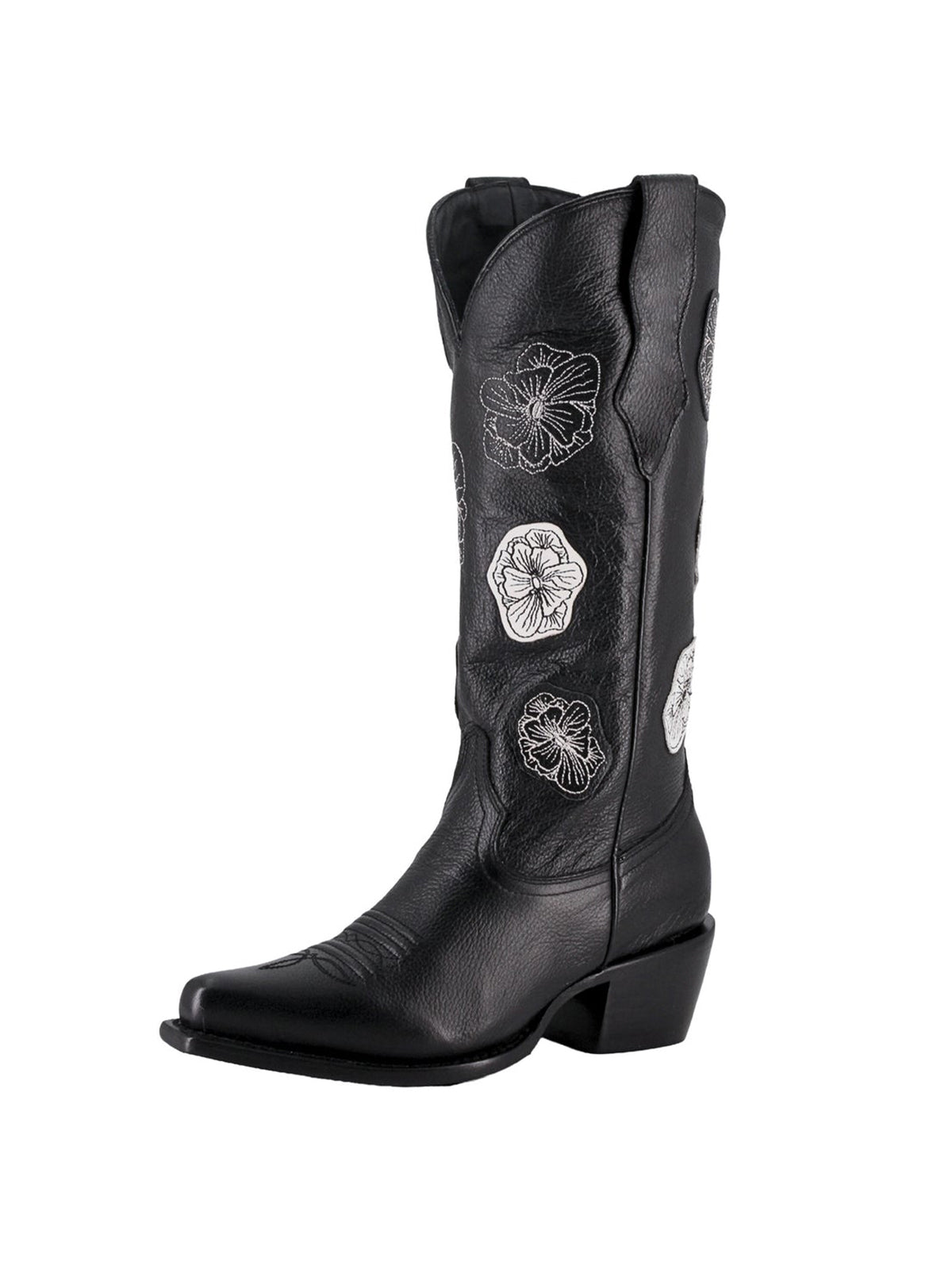 Black Snip-Toe Flowers Applique Chic Mid Calf Cowgirl Boots