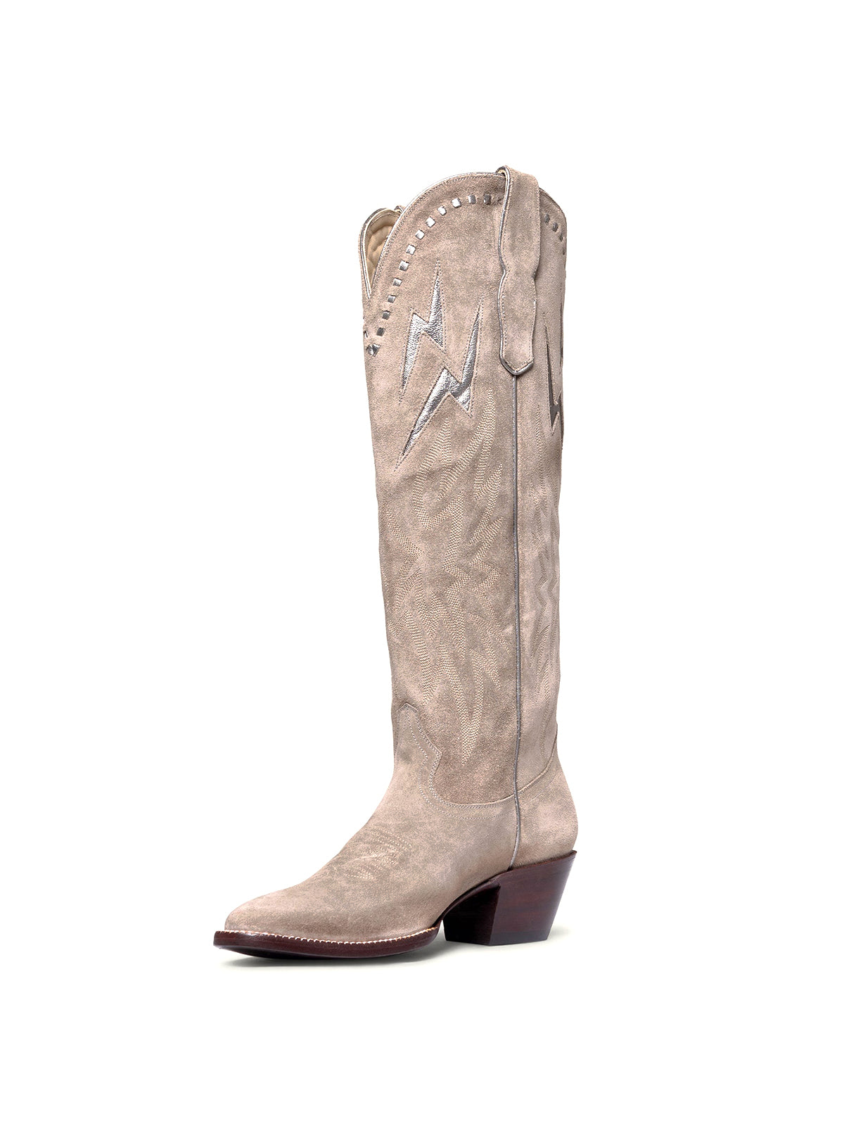 Silver Lightning Inlay Stitch Embroidery Almond-Toe Wide Calf Knee High Cowgirl Boots - Gray