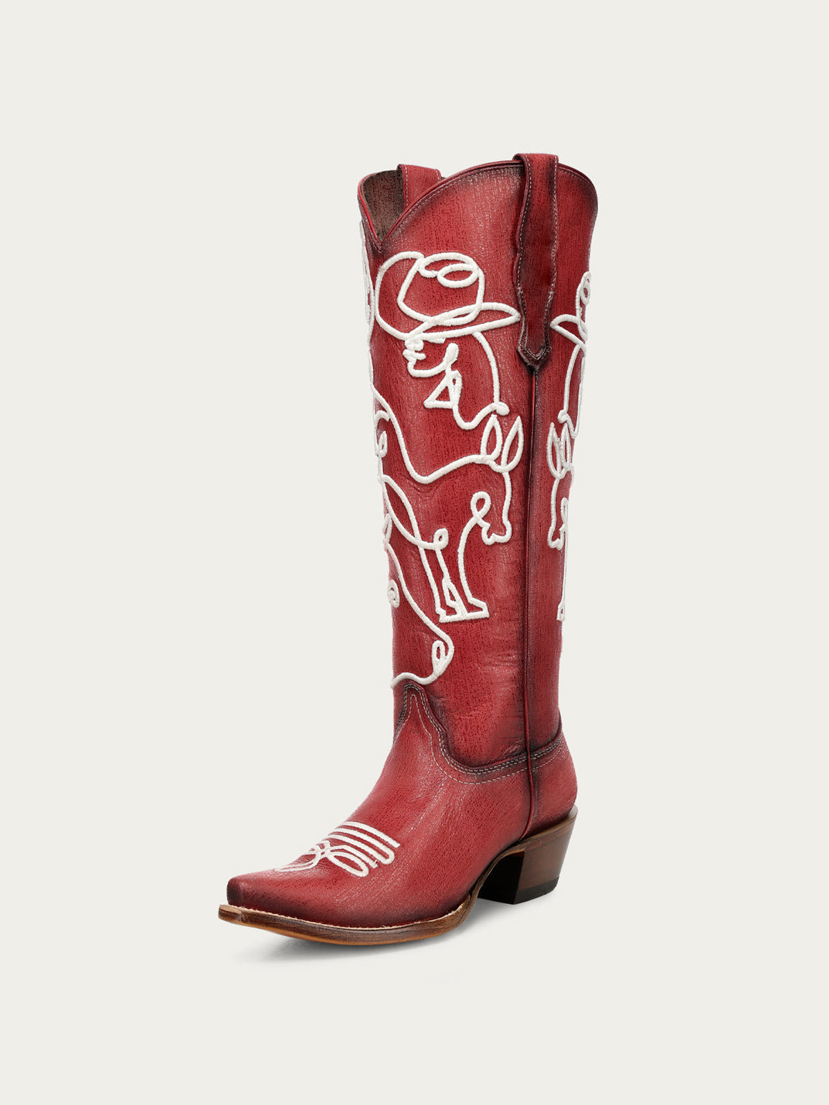 Dark Red Snip-Toe Western White Embroidery Mid Calf Cowgirl Boots