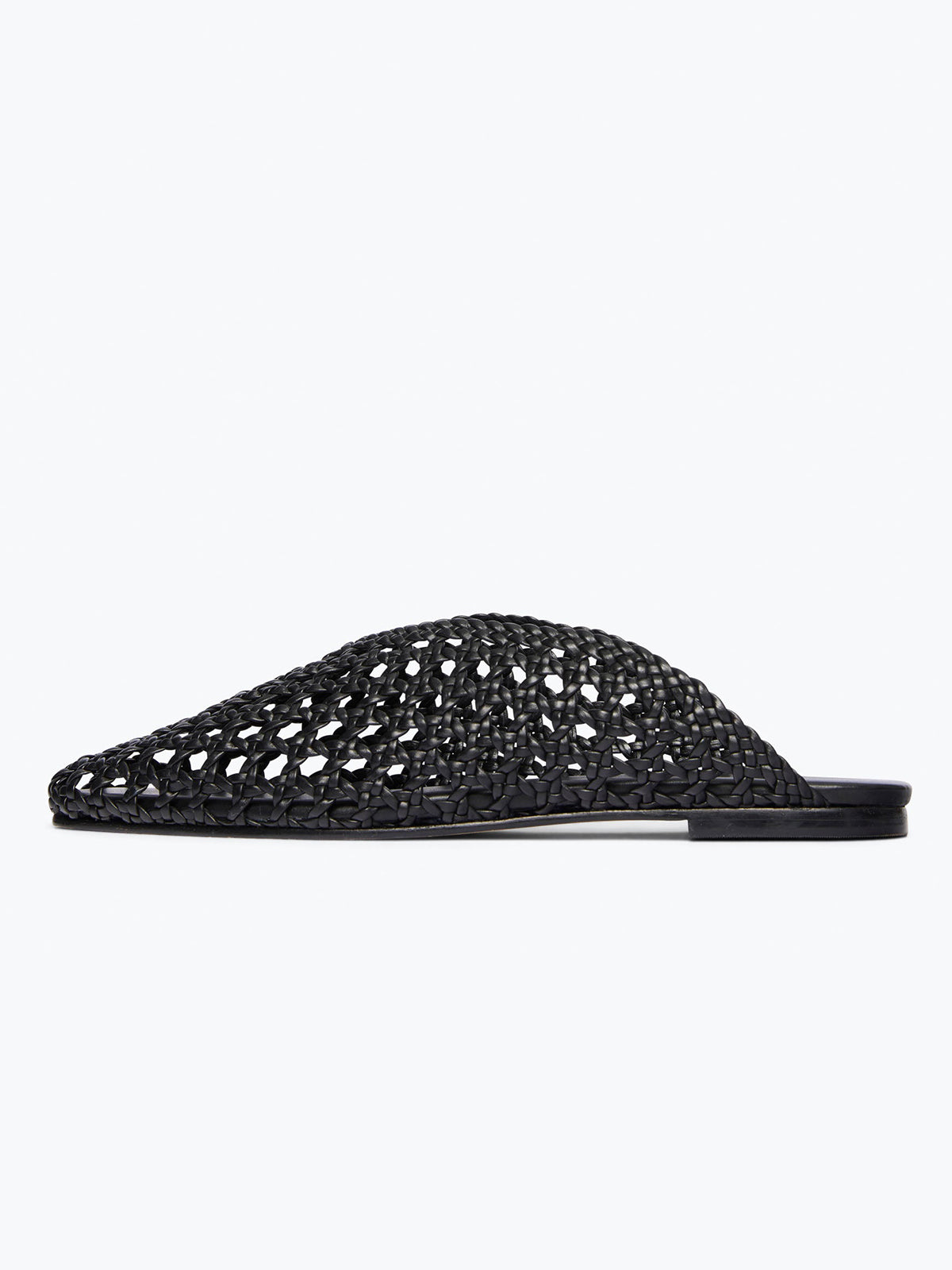 Woven Vegan Leather Square-Toe Ankle Lace-Up Backless Flats - Black