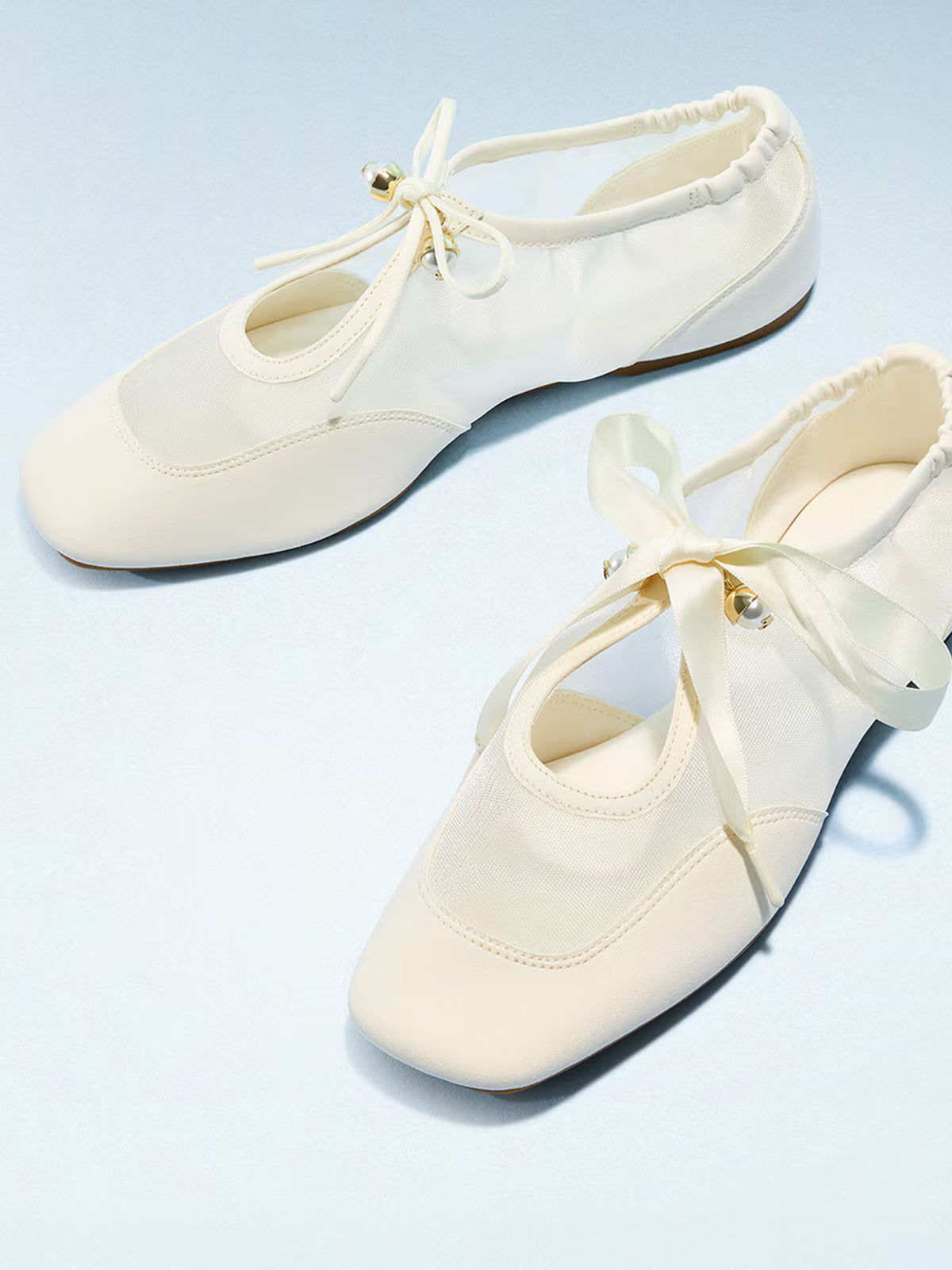 Ivory Mesh And Faux Suede Square-Toe Floral Embroidery Bridge Bow Strap Flats
