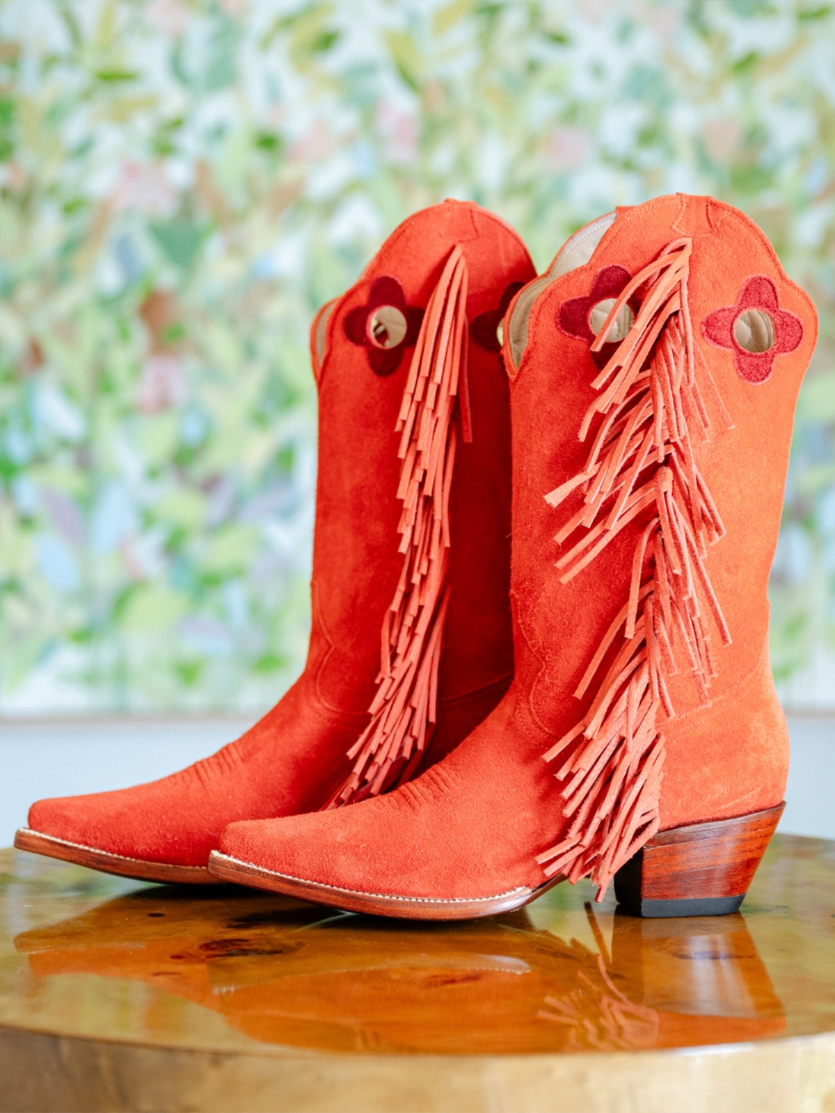 Red Pointed-Toe Side Fringes And Cutout Mid Calf Cowgirl Boots