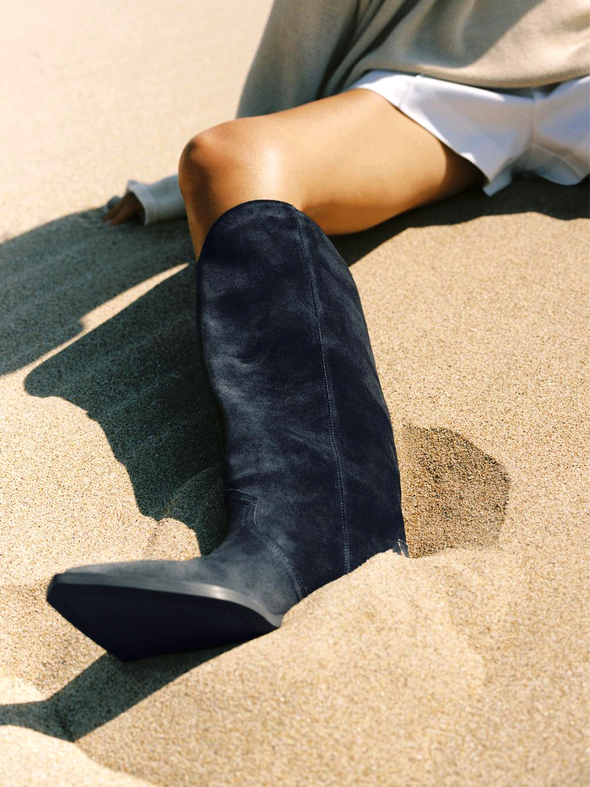 Dark Blue Faux Suede Pointed-Toe Sleek Wide Calf Chic Knee High Cowgirl Boots
