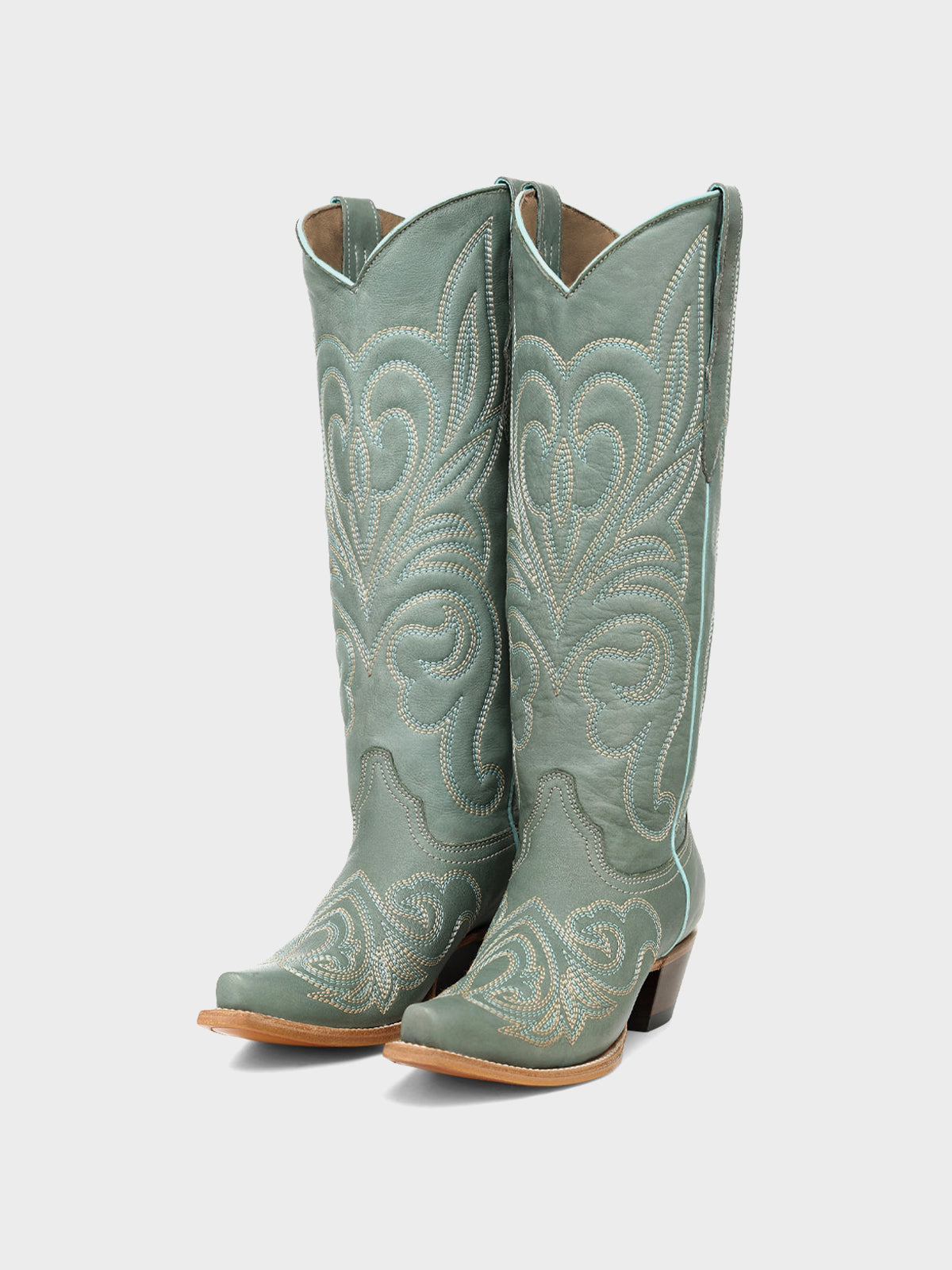 Aqua Snip-Toe Chic Western Embroidery Knee High Cowgirl Boots