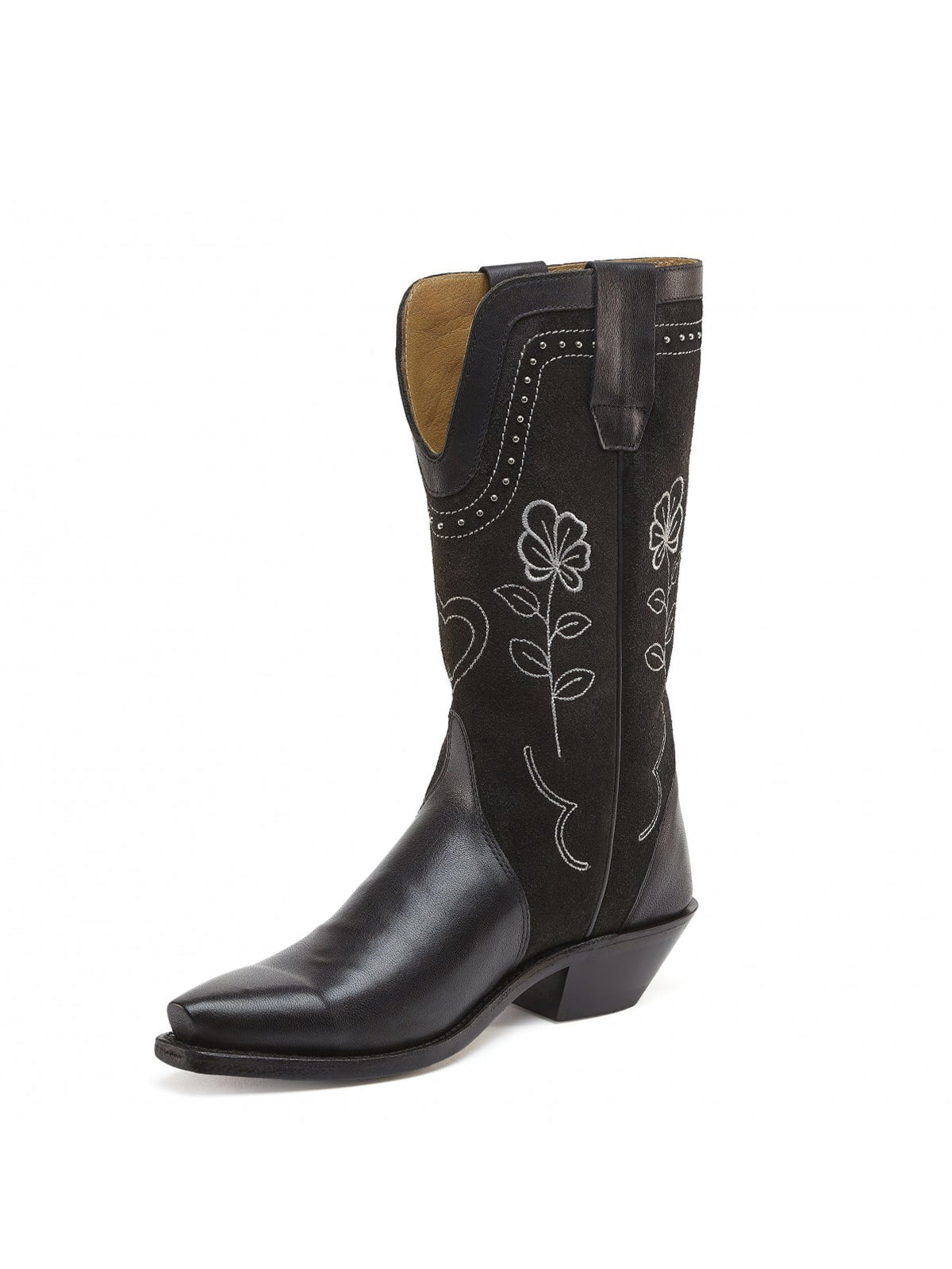 Black Faux Suede Studs Snip-Toe Applique Cowgirl Wesern Mid Calf Boots